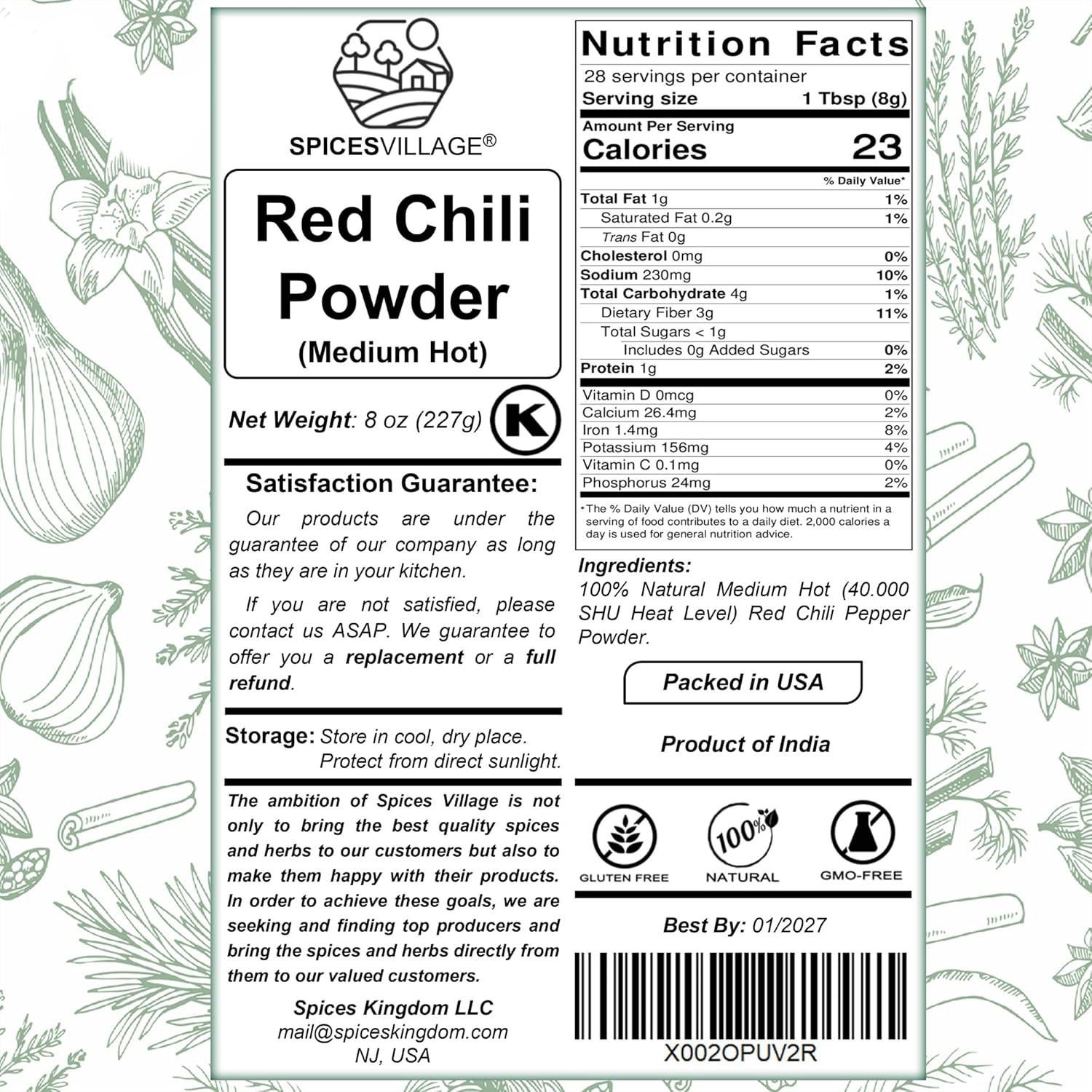 Polvo de Chile Rojo Spices Village 227 g - Picante Medio Kosher