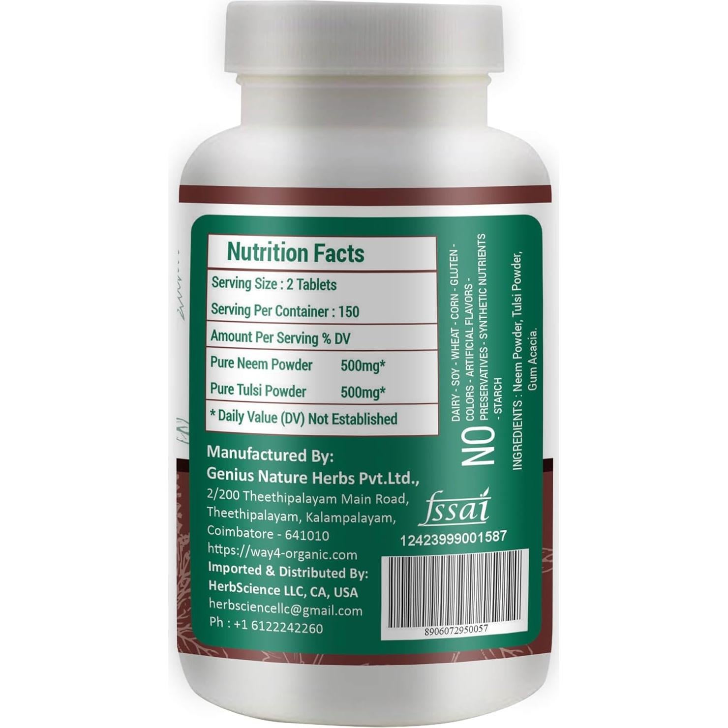 Tabletas de Neem y Tulsi Genius Nature, 300 Pastillas, 1000 mg