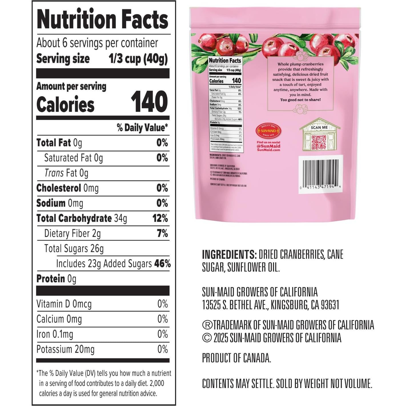 Arándanos Secos Enteros Sun-Maid - Paquete de 4 bolsas 226g