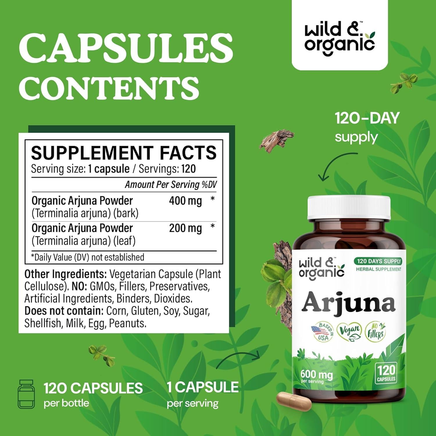 Cápsulas de Arjuna Silvestre y Orgánica - 120 Unidades - Vegano