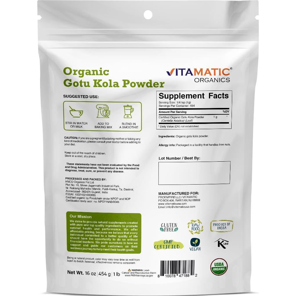 Polvo de Gotu Kola Orgánico Vitamatic 450g - Soporte Cerebral