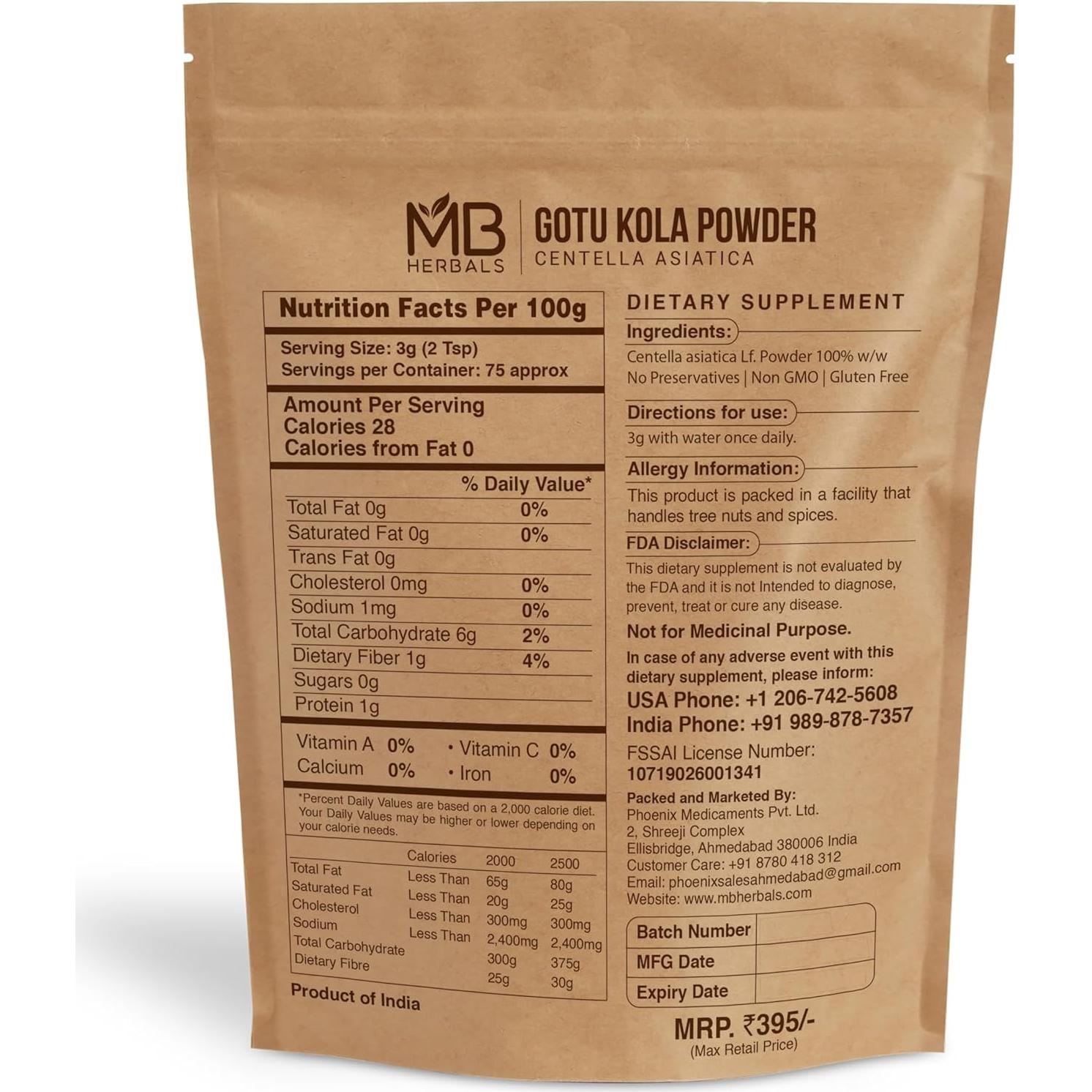 Polvo de Gotu Kola MB Herbals 227g - Centella asiatica