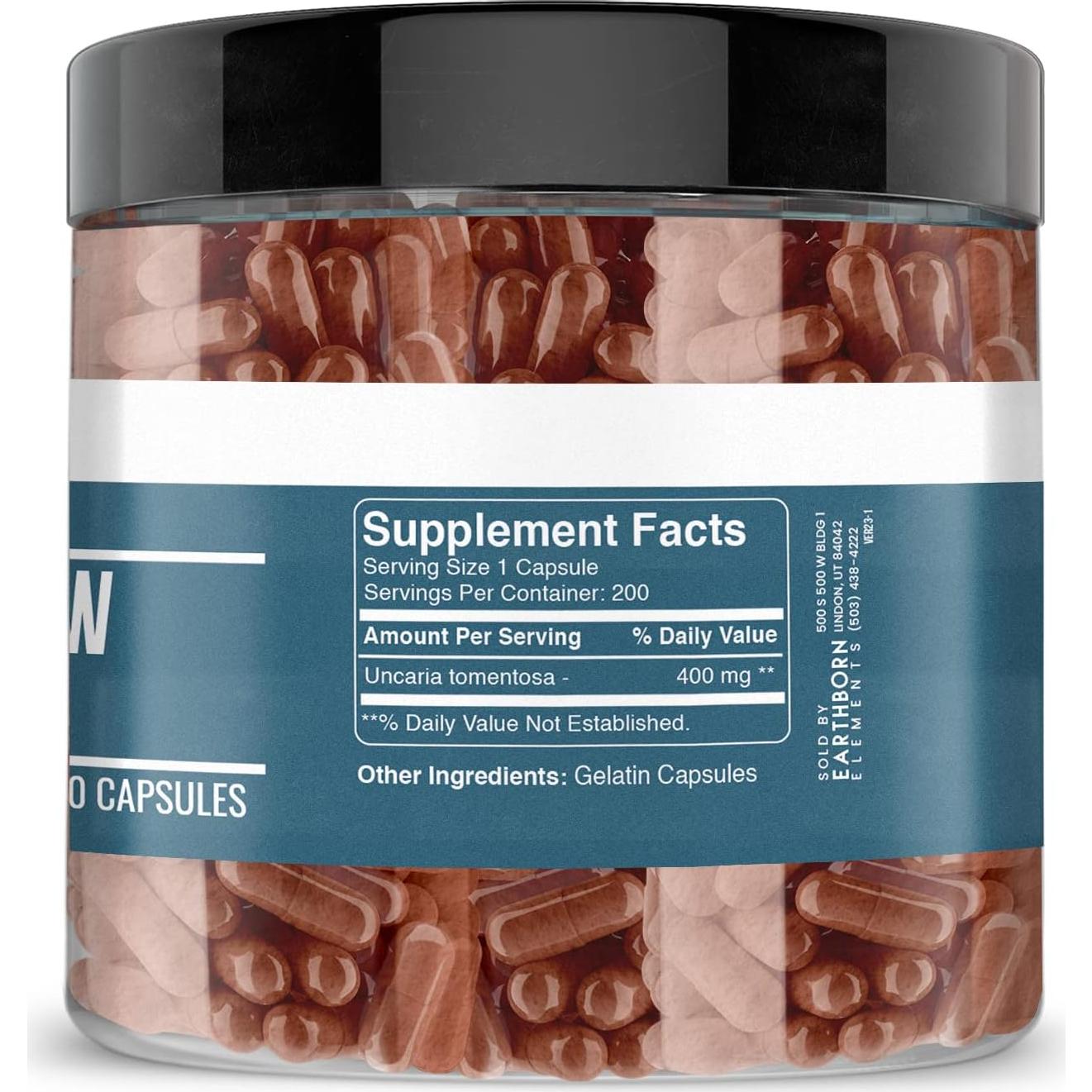 Corteza de Garra de Gato Earthborn Elements 200 Cápsulas Puras