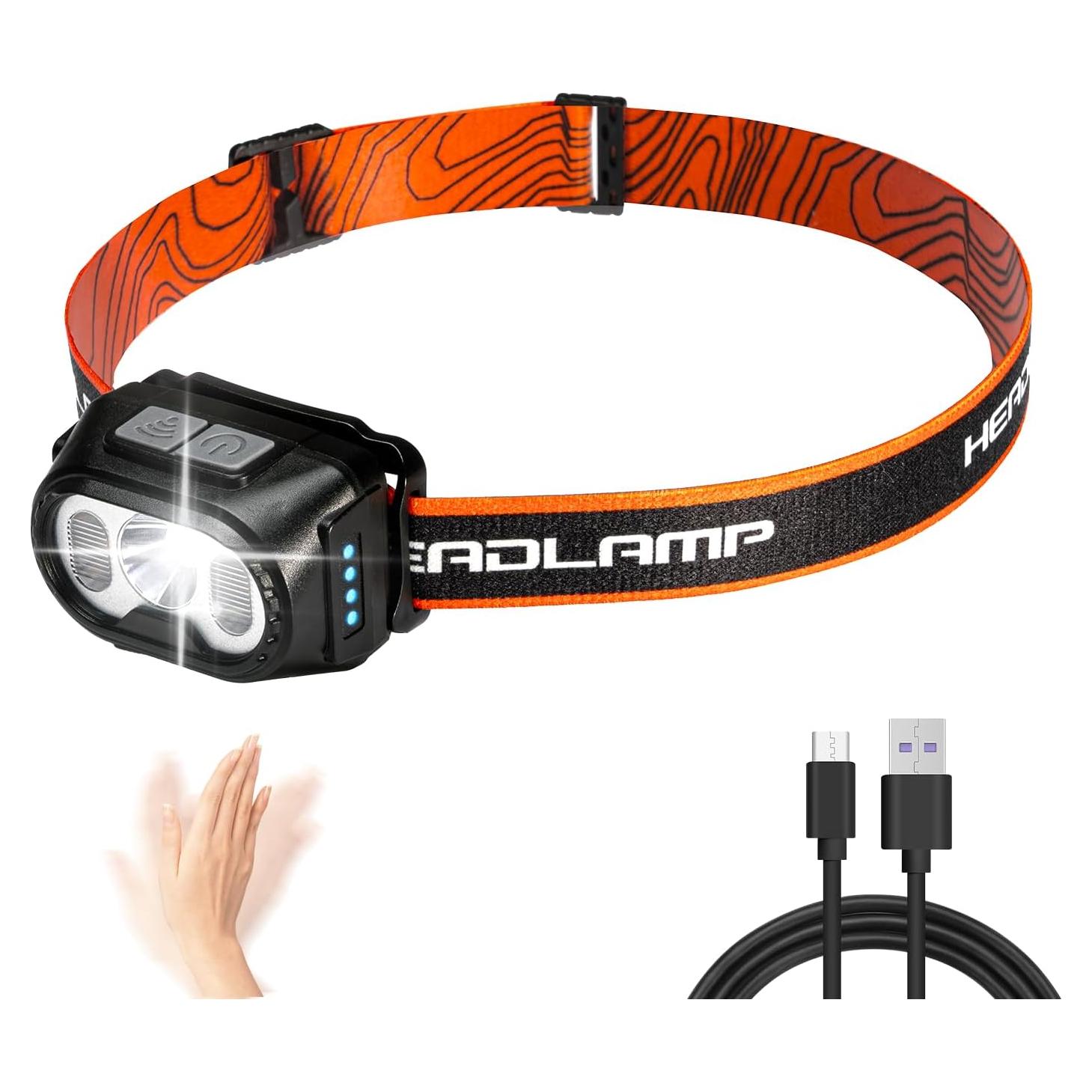 Headlamp Rechargeable,Ultra-Light Bright LED Rechargeable Headlight with White Red Light,IPX4 Waterproof Motion Sensor,5 Mode for Outdoor Camping Running Hiking Fishing