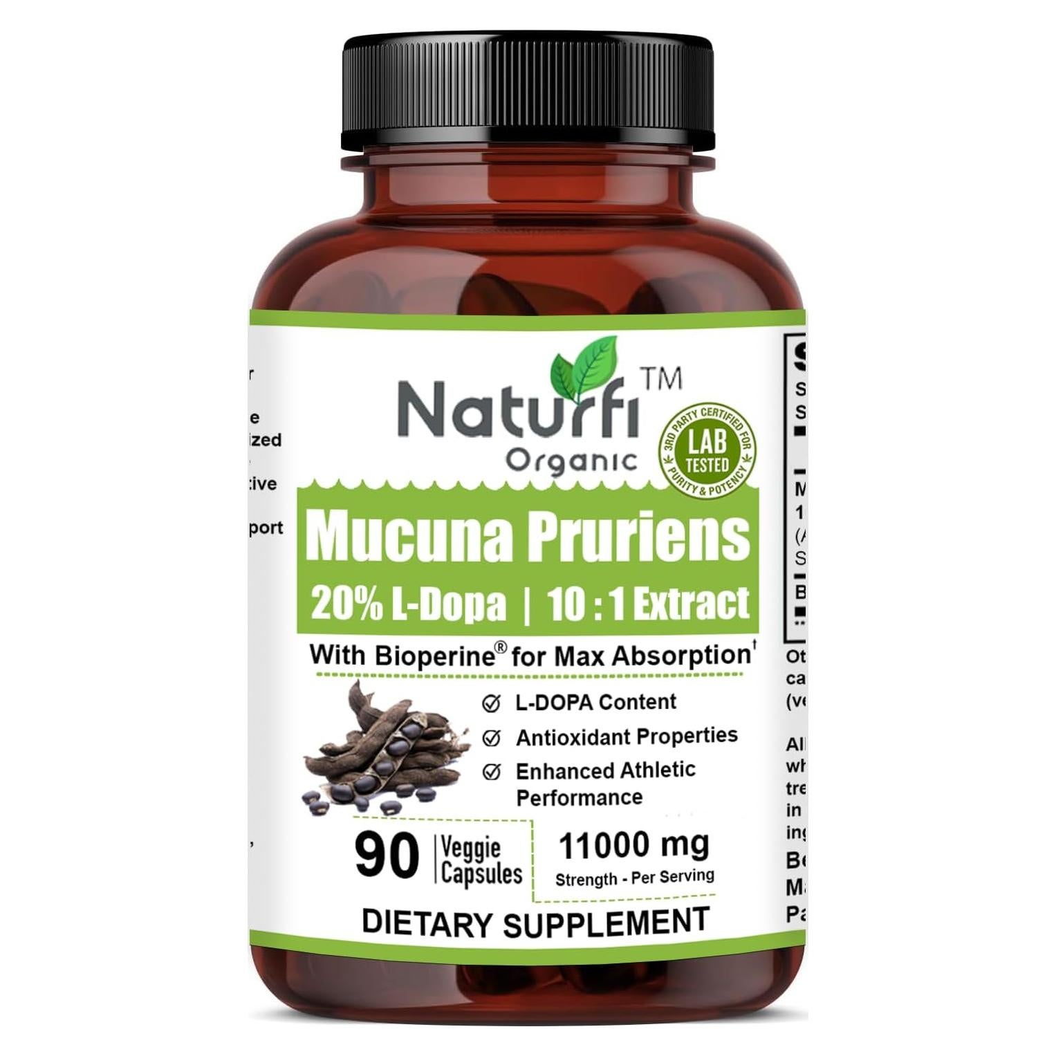 Extracto de Mucuna Pruriens 10:1 Naturfi Orgánico 11000 mg 90 Cápsulas Veganas