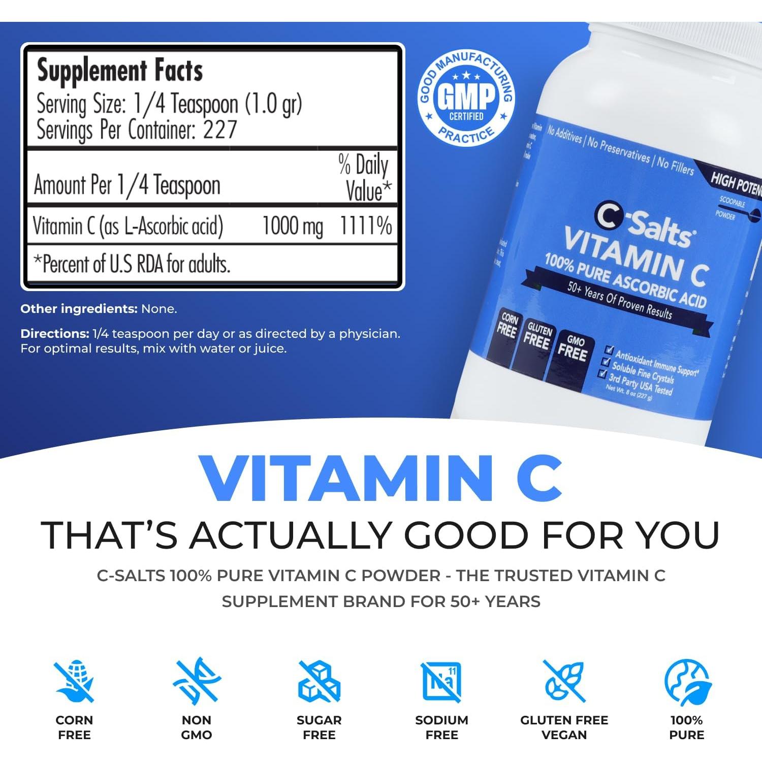 C-Salts Polvo de Vitamina C Pura 226.8g - Sin Azúcar, Orgánico