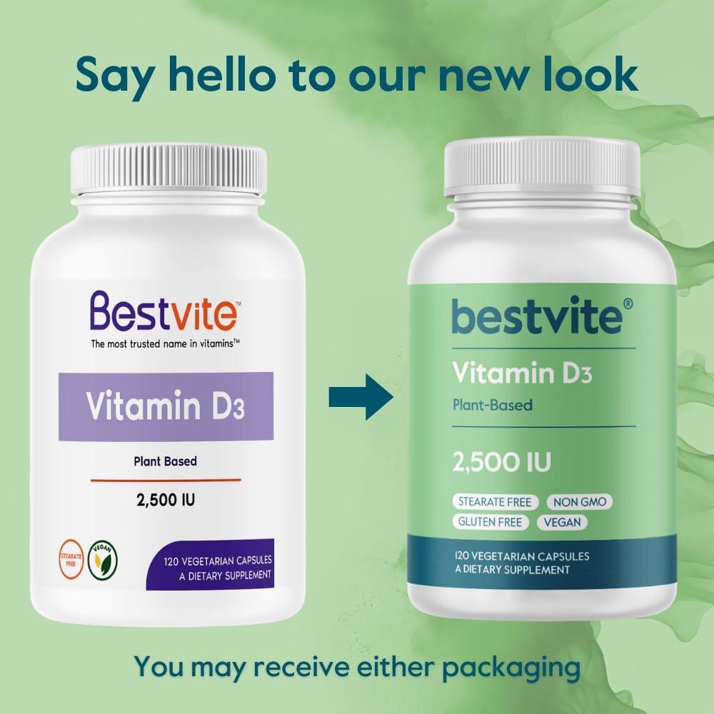 Vitamina D3 Vegana Bestvite 2500 UI 120 Cápsulas Sin Gluten