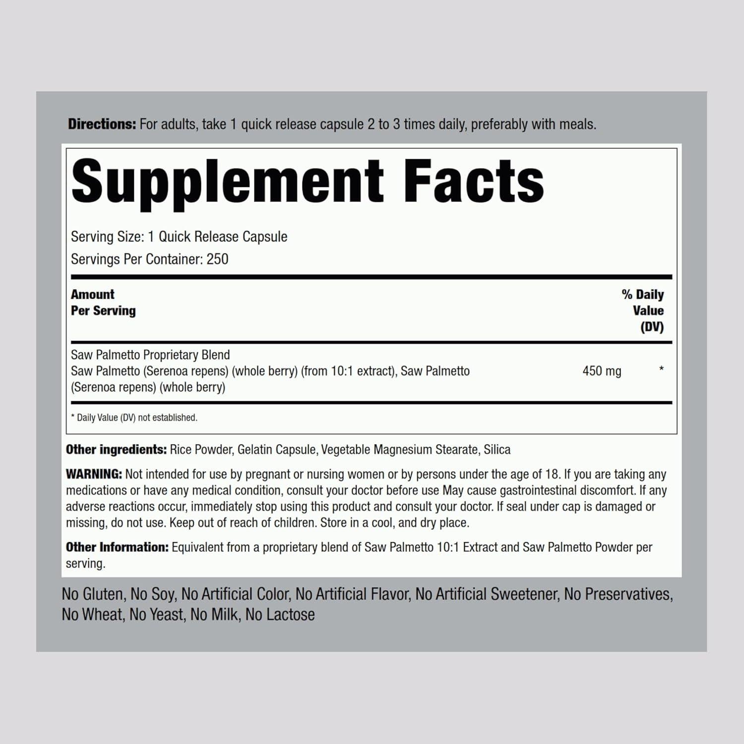 Piping Rock Saw Palmetto 450 mg - 250 Cápsulas Suplemento