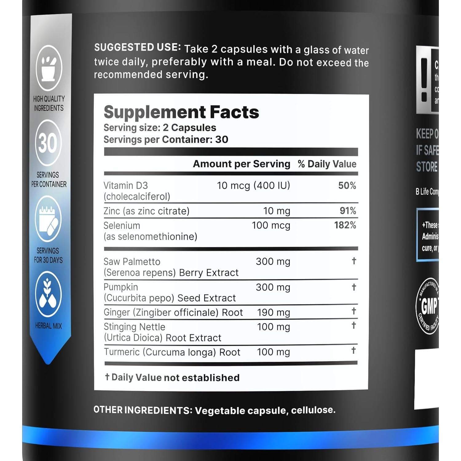 Suplemento Prostático B Life - Saw Palmetto y Semilla de Calabaza - 60 Cápsulas