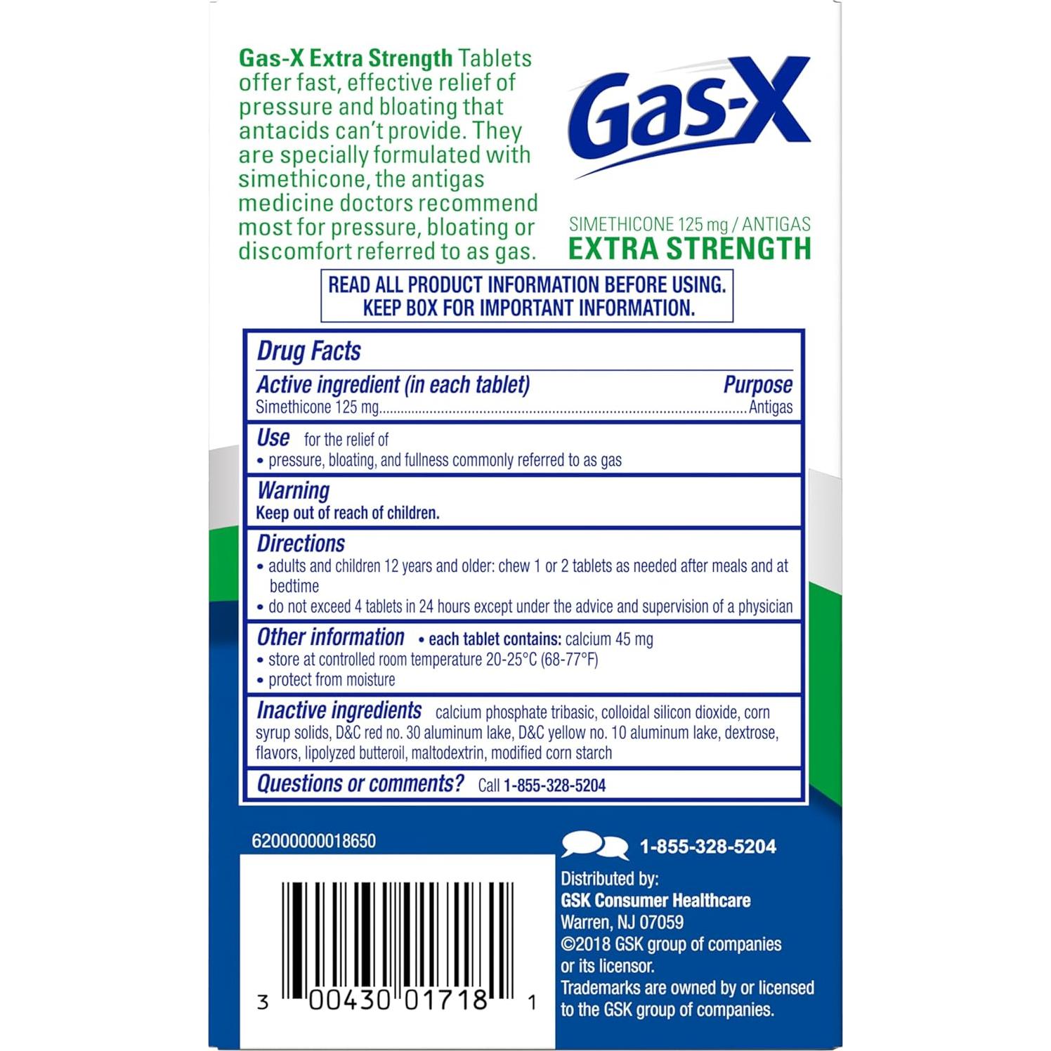 Gas-X Tabletas Masticables Alivio de Gas 125 mg Crema de Menta 18 Unidades