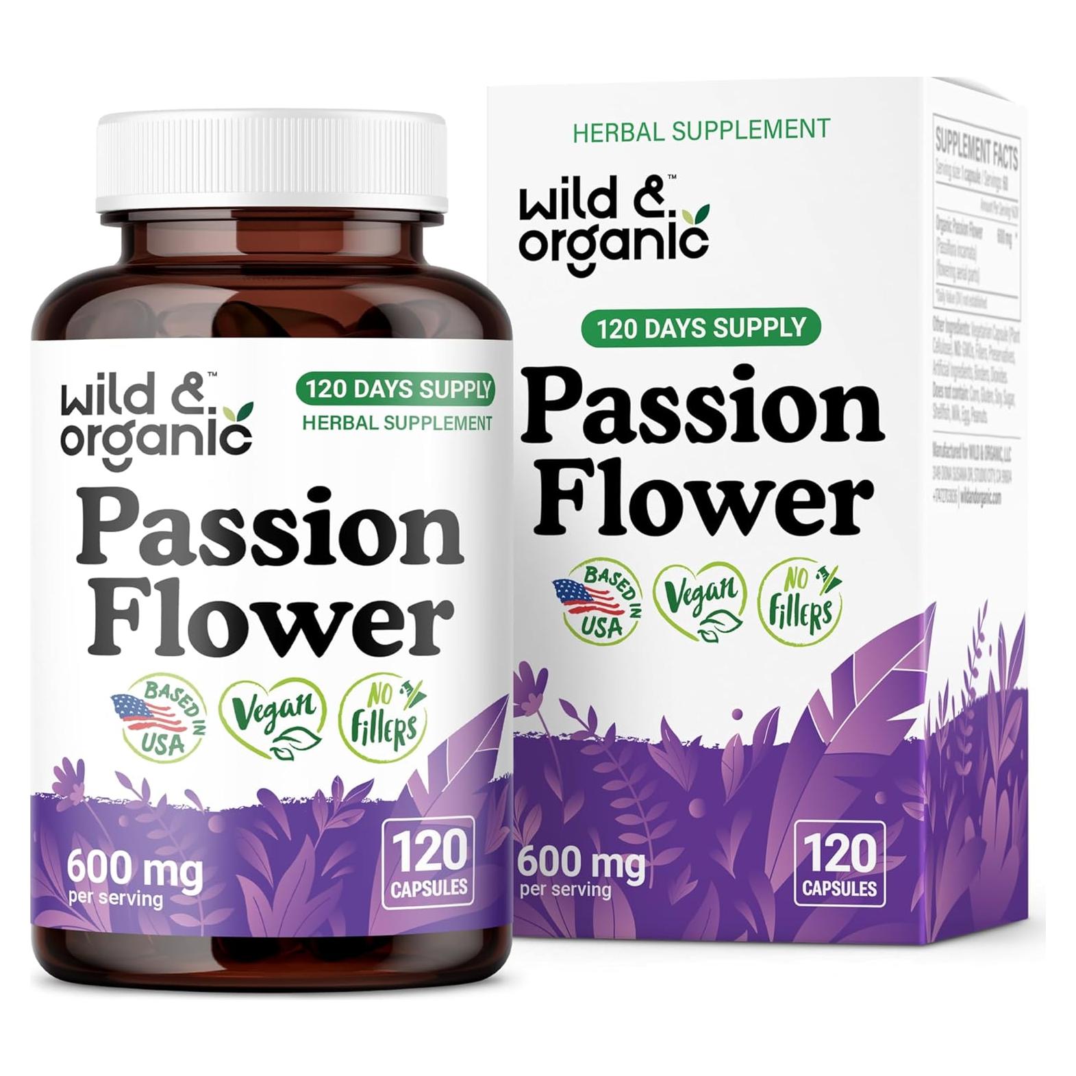 Cápsulas de Flor de Pasión Orgánica 600 mg - Wild & Organic - 120 Unidades