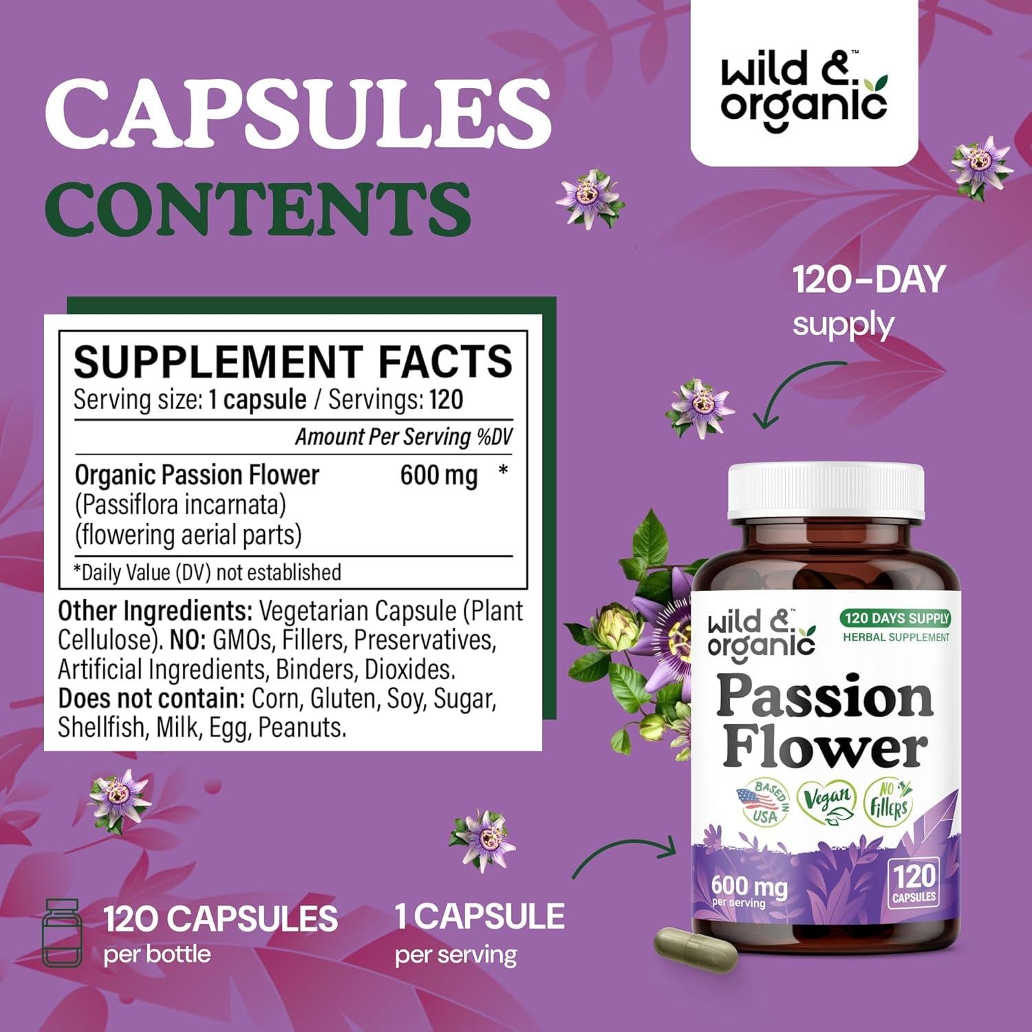 Cápsulas de Flor de Pasión Orgánica 600 mg - Wild & Organic - 120 Unidades