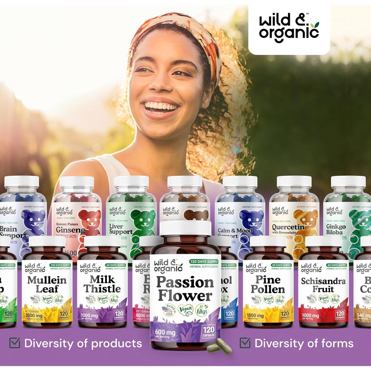 Cápsulas de Flor de Pasión Orgánica 600 mg - Wild & Organic - 120 Unidades