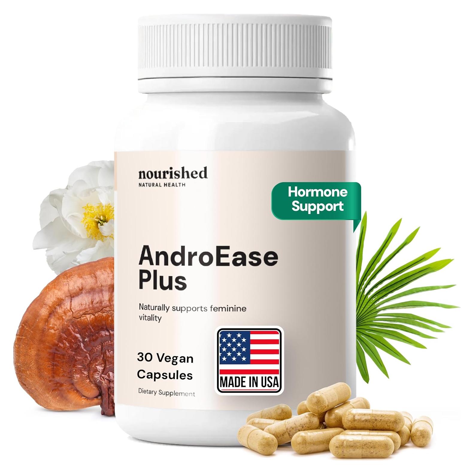 Nourished AndroEase Plus Double Strength – Vegan Hormone Balance for Women – Zinc, Reishi, Green Tea and Saw Palmetto – for Energy, Vitality, Facial Hair and Daily Wellness – 30 Capsules, Made in USA