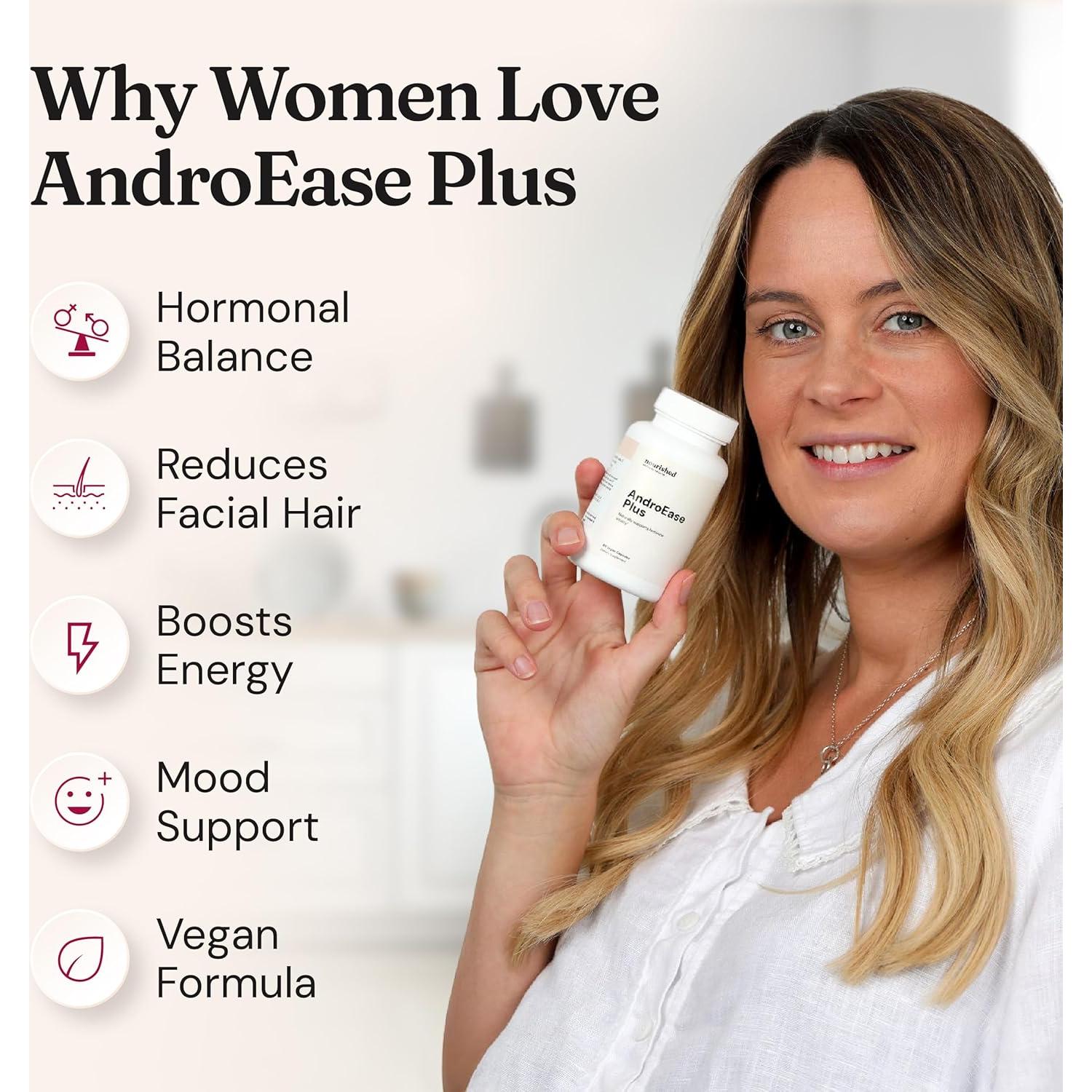 Nourished AndroEase Plus Double Strength – Vegan Hormone Balance for Women – Zinc, Reishi, Green Tea and Saw Palmetto – for Energy, Vitality, Facial Hair and Daily Wellness – 30 Capsules, Made in USA