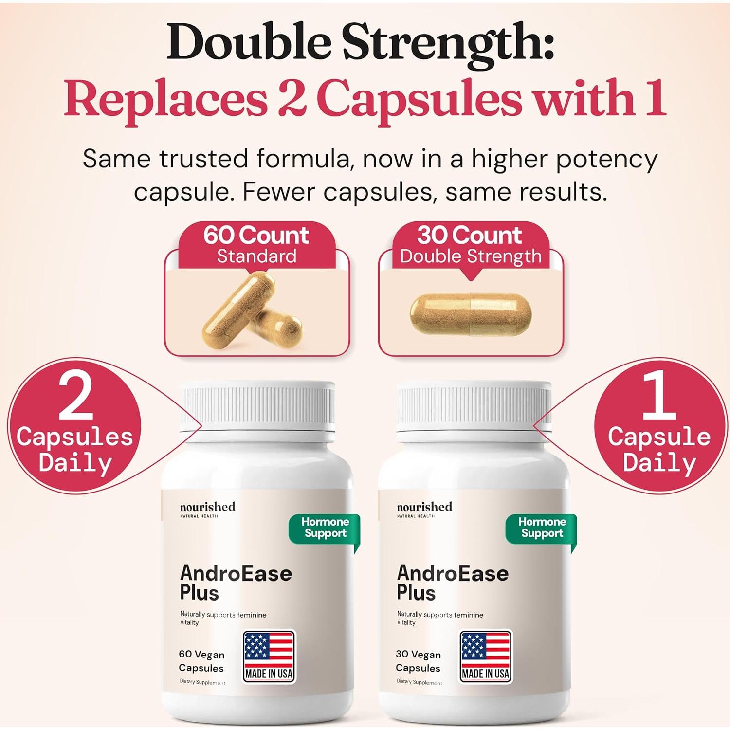 Nourished AndroEase Plus Double Strength – Vegan Hormone Balance for Women – Zinc, Reishi, Green Tea and Saw Palmetto – for Energy, Vitality, Facial Hair and Daily Wellness – 30 Capsules, Made in USA