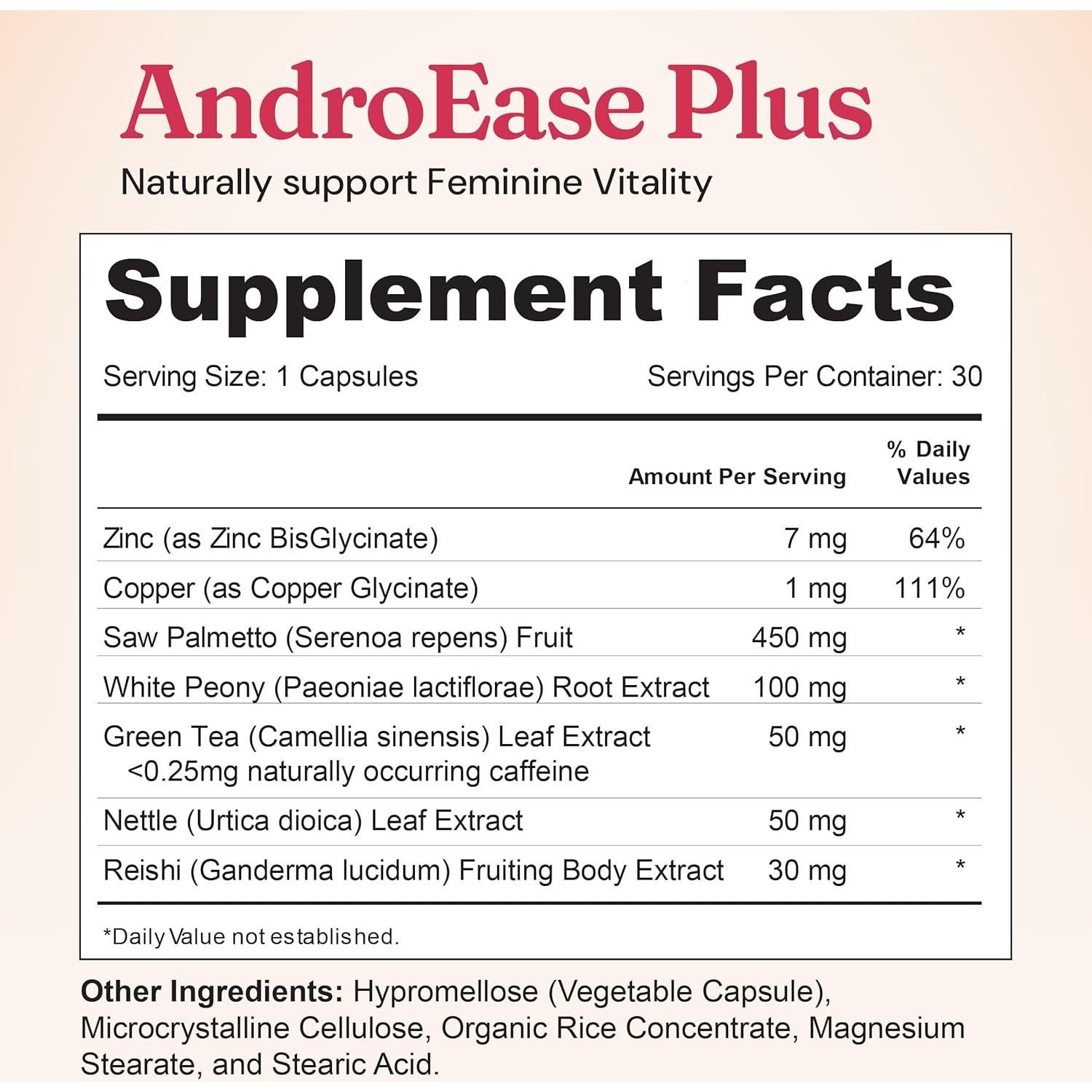 Nourished AndroEase Plus Double Strength – Vegan Hormone Balance for Women – Zinc, Reishi, Green Tea and Saw Palmetto – for Energy, Vitality, Facial Hair and Daily Wellness – 30 Capsules, Made in USA