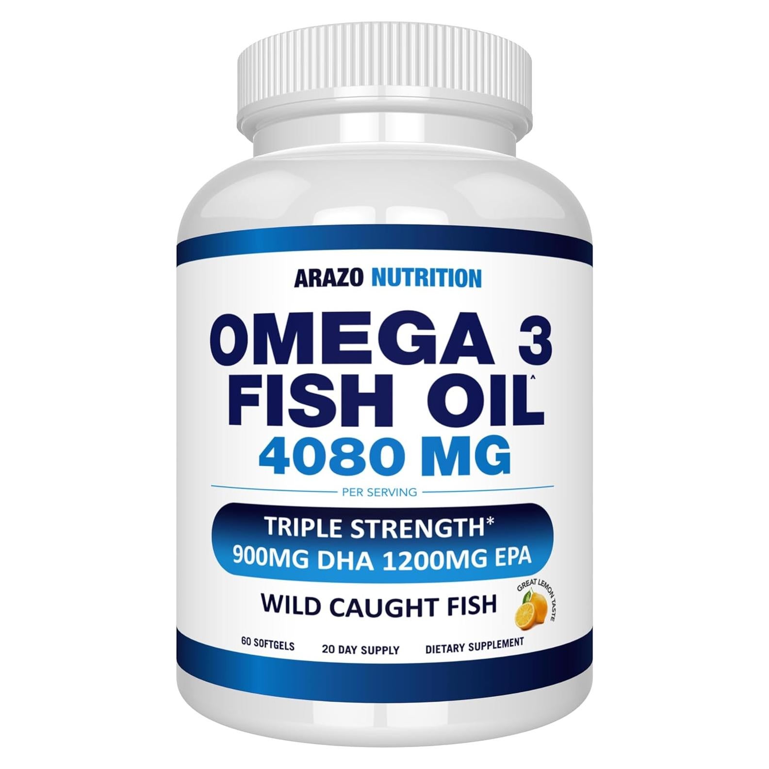 Arazo Nutrition Wild Caught Omega 3 Fish Oil – 60 Soft Gels – 4,080mg High EPA 1200mg DHA 900mg Lemon Flavor Burpless Softgels