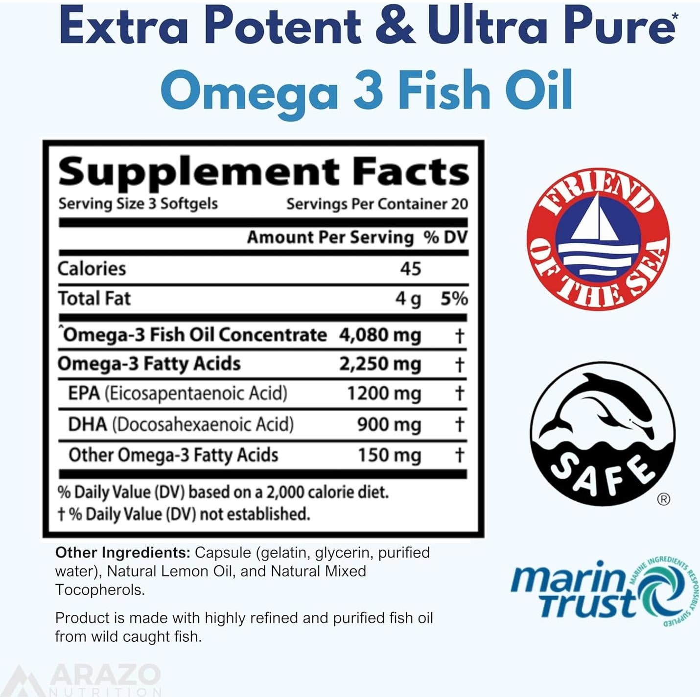 Arazo Nutrition Wild Caught Omega 3 Fish Oil – 60 Soft Gels – 4,080mg High EPA 1200mg DHA 900mg Lemon Flavor Burpless Softgels