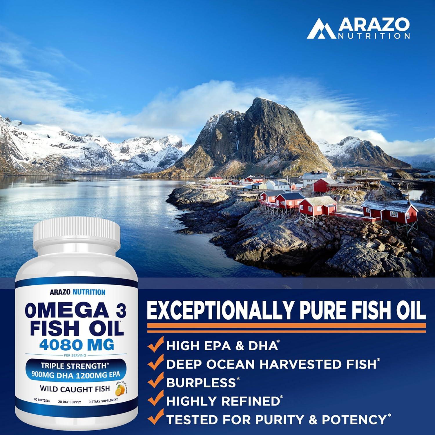 Arazo Nutrition Wild Caught Omega 3 Fish Oil – 60 Soft Gels – 4,080mg High EPA 1200mg DHA 900mg Lemon Flavor Burpless Softgels