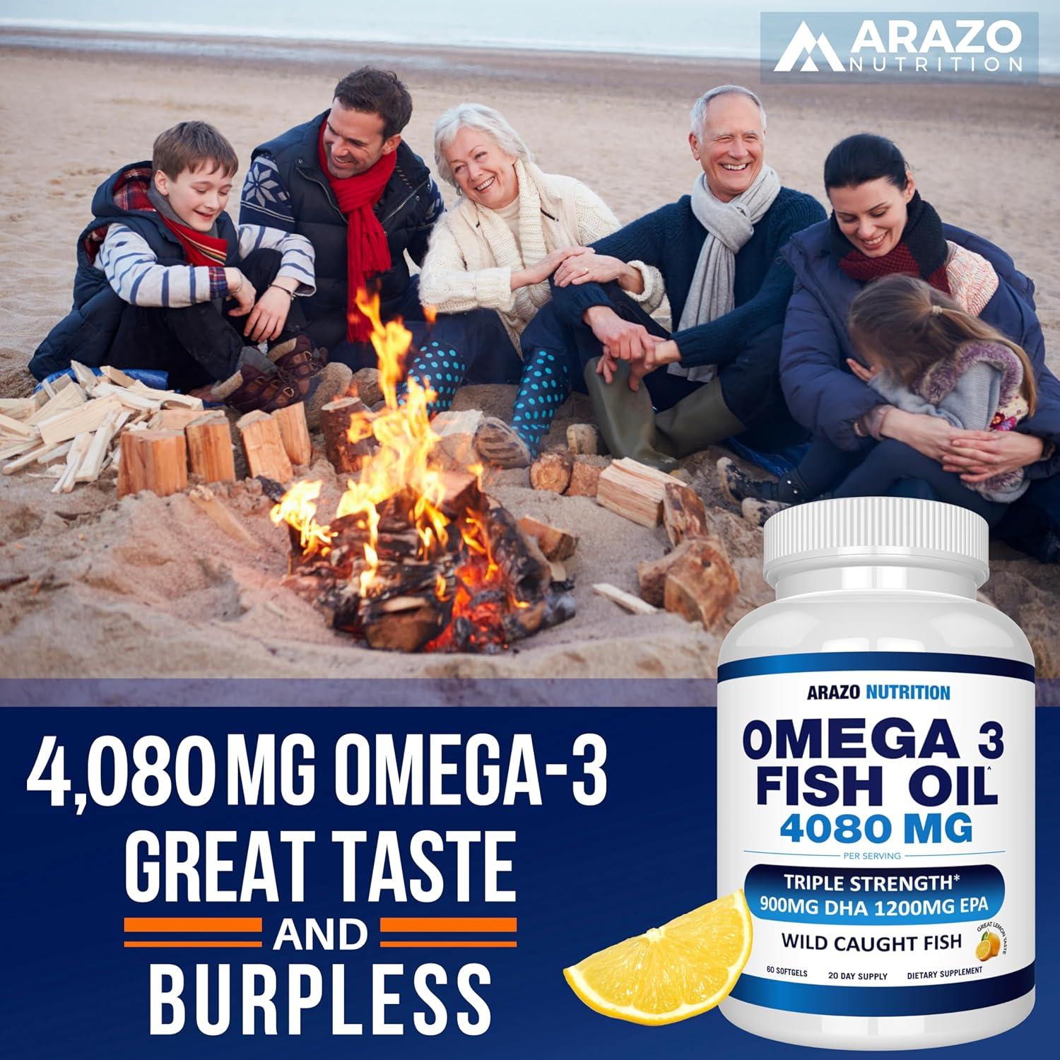 Arazo Nutrition Wild Caught Omega 3 Fish Oil – 60 Soft Gels – 4,080mg High EPA 1200mg DHA 900mg Lemon Flavor Burpless Softgels