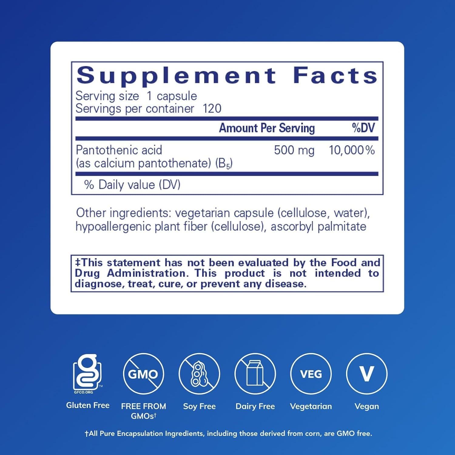 Ácido Pantoténico Pure Encapsulations 120 Cápsulas Hipoalergénicas