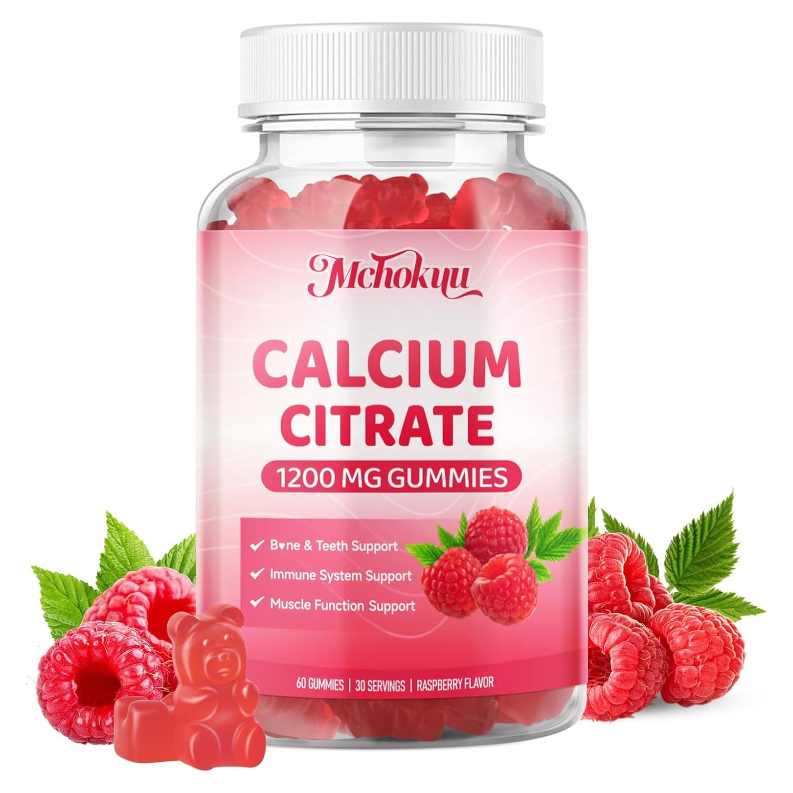 Calcium Citrate Gummies 1200mg Chewable Calcium Supplements for Women & Men, Sugar Free Calcium for Bone, Muscle & Immune Support, Non-GMO, Gluten Free, Natural Raspberry Flavor 60 Count
