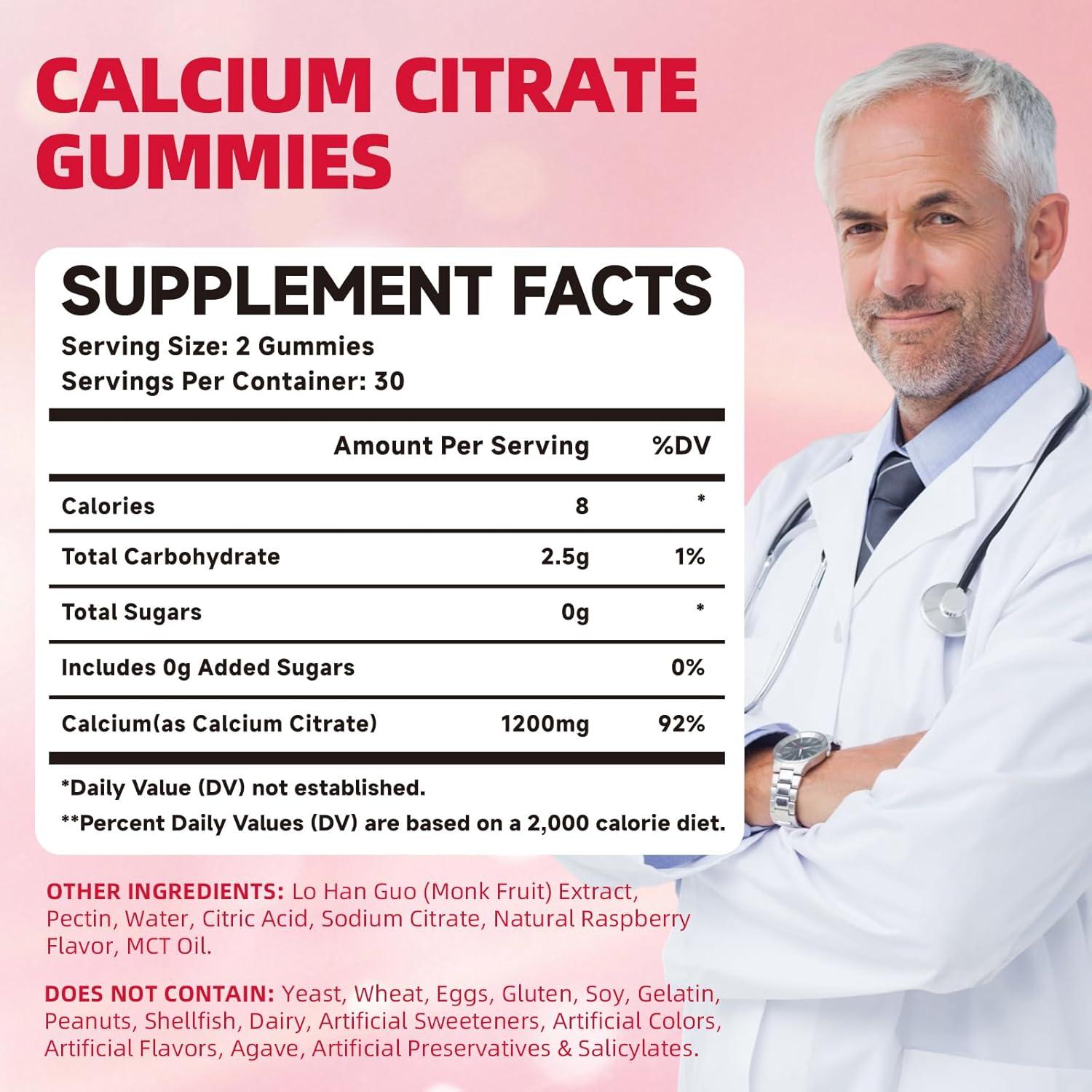 Calcium Citrate Gummies 1200mg Chewable Calcium Supplements for Women & Men, Sugar Free Calcium for Bone, Muscle & Immune Support, Non-GMO, Gluten Free, Natural Raspberry Flavor 60 Count