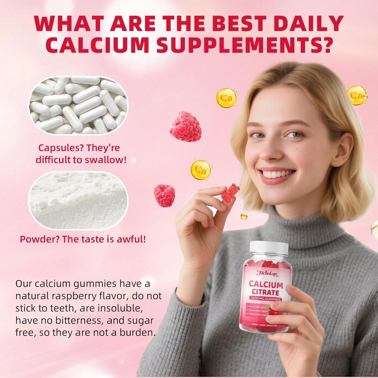Calcium Citrate Gummies 1200mg Chewable Calcium Supplements for Women & Men, Sugar Free Calcium for Bone, Muscle & Immune Support, Non-GMO, Gluten Free, Natural Raspberry Flavor 60 Count
