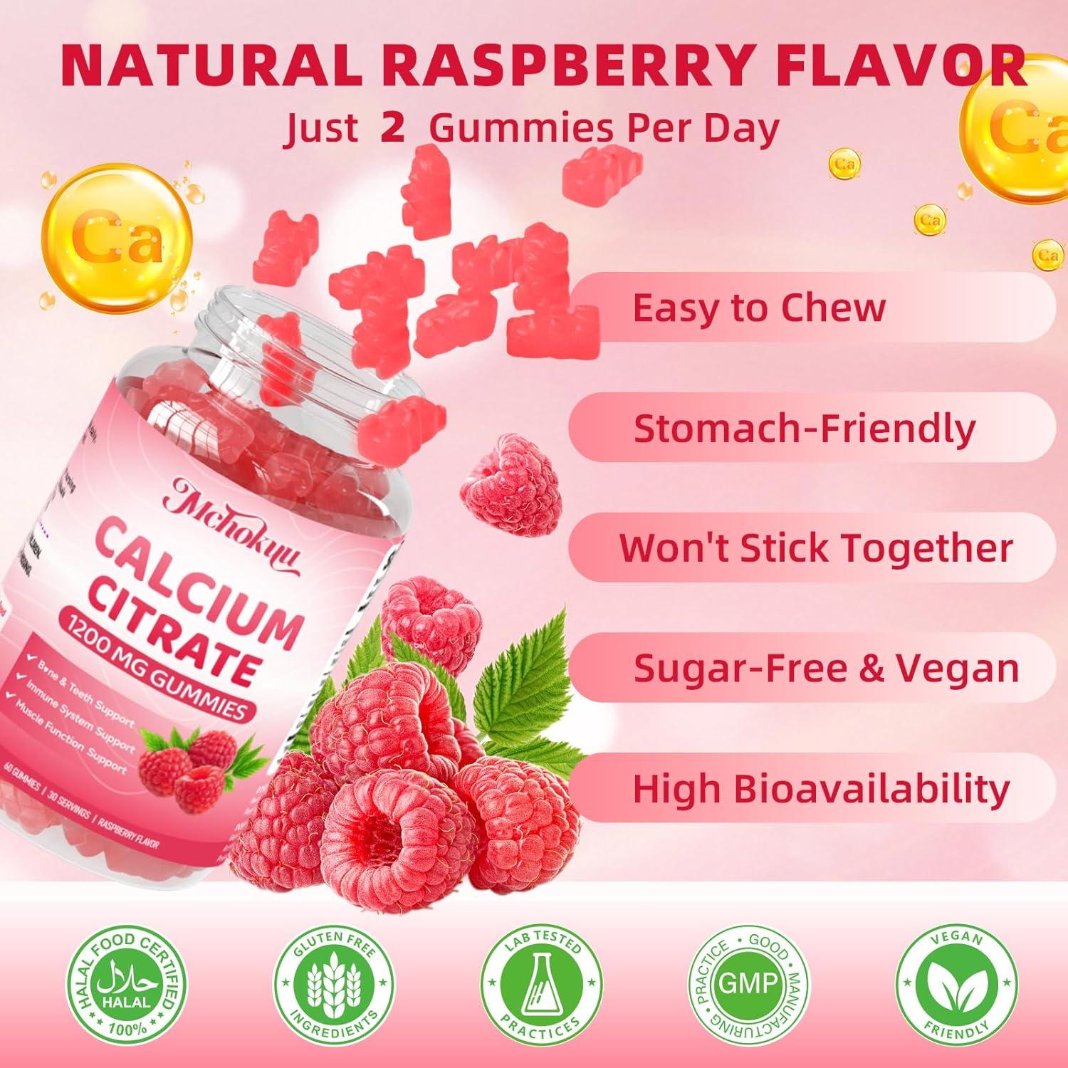 Calcium Citrate Gummies 1200mg Chewable Calcium Supplements for Women & Men, Sugar Free Calcium for Bone, Muscle & Immune Support, Non-GMO, Gluten Free, Natural Raspberry Flavor 60 Count