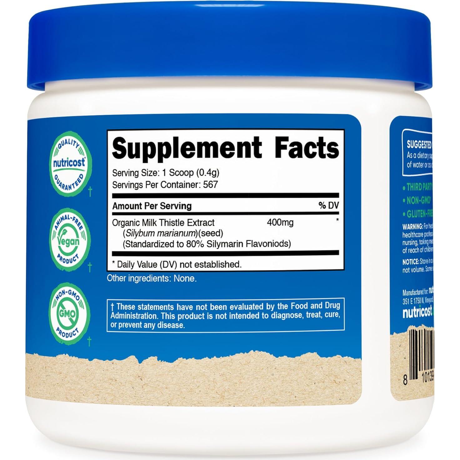 Suplemento Nutricost Cardo Mariano Orgánico 227 g Sin Gluten