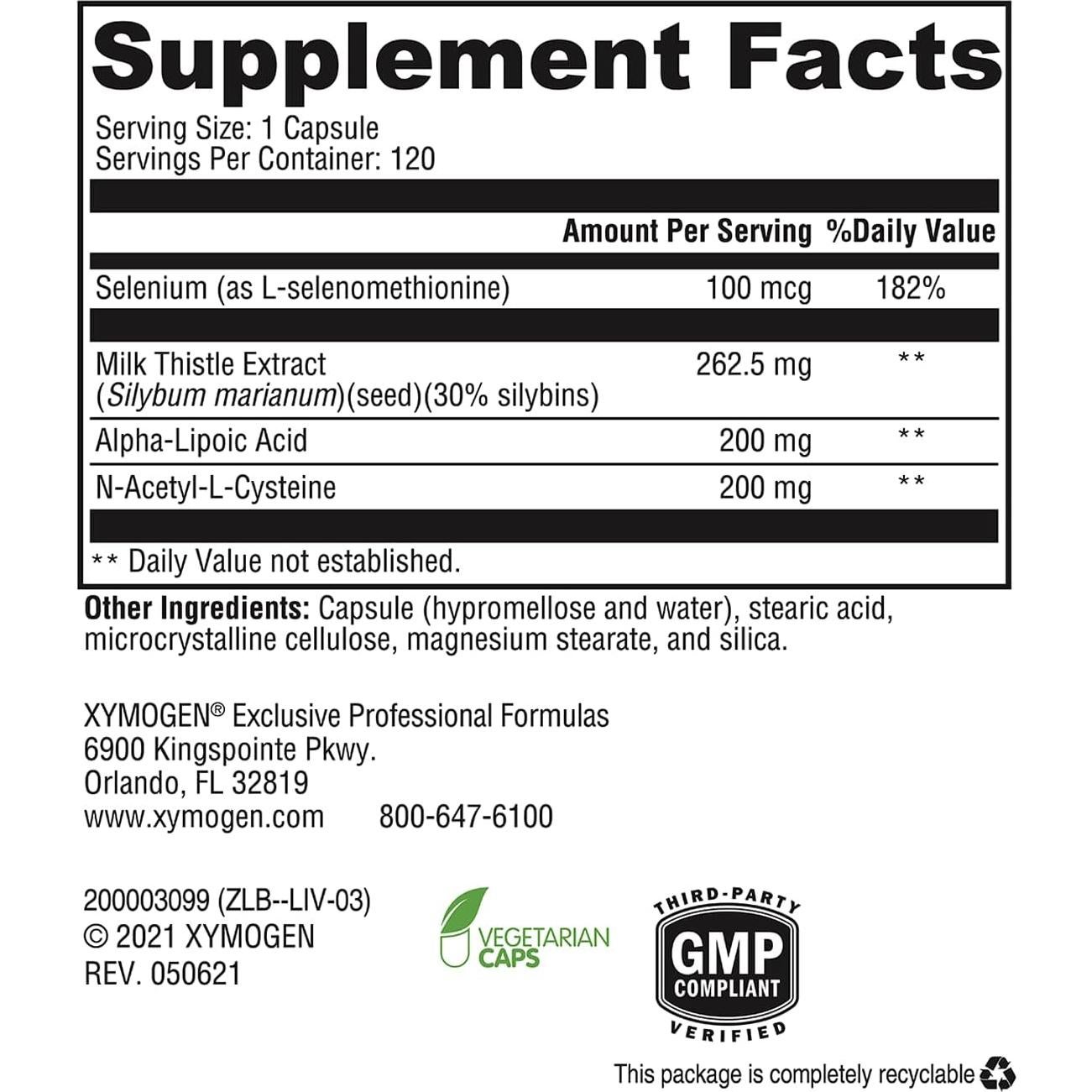 Suplemento Hepático XYMOGEN 120 Cápsulas - Cardo Mariano, ALA, NAC