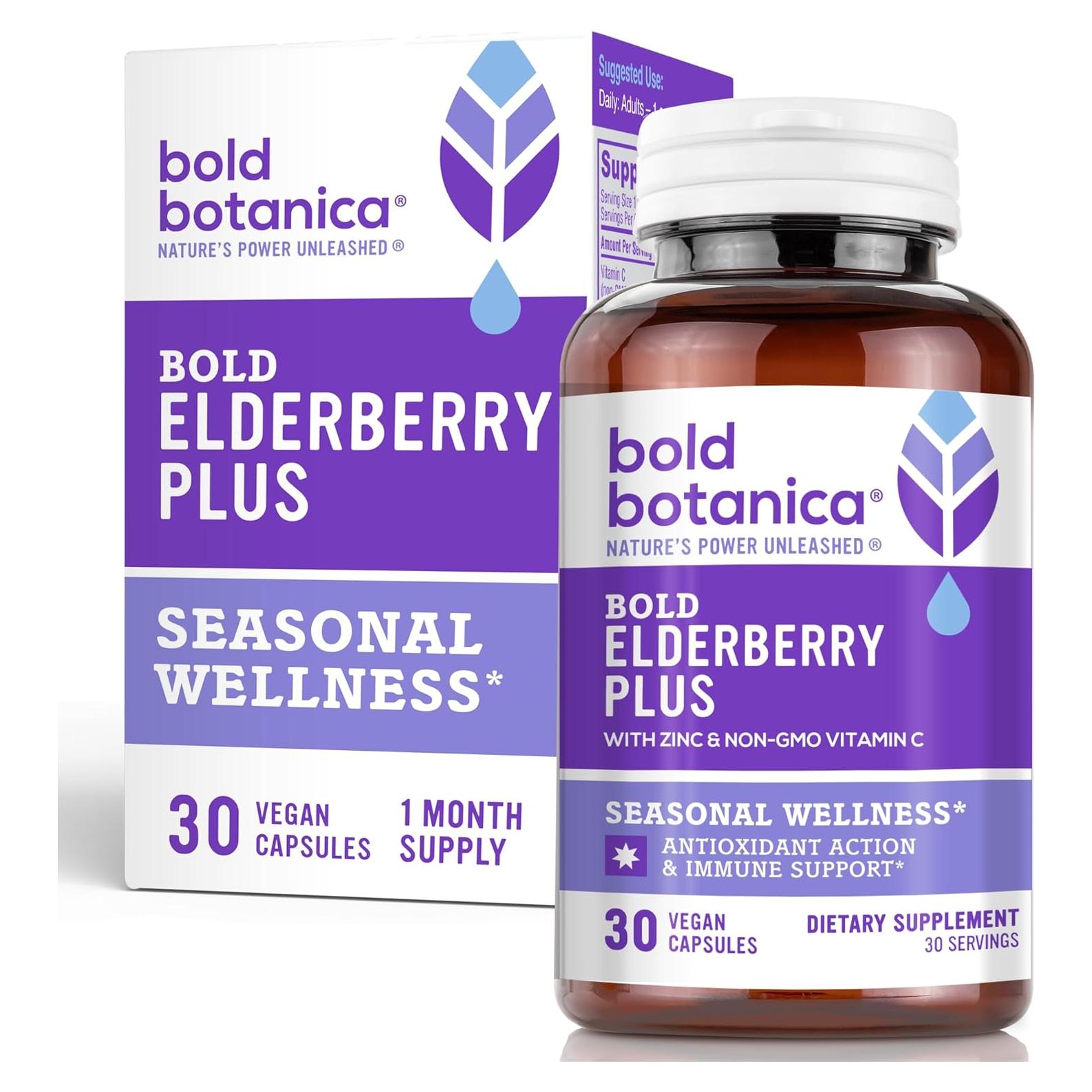 Bold Botanica Elderberry Plus - Extracto de Saúco Negro 30 Cápsulas Veganas con Zinc y Vitamina C