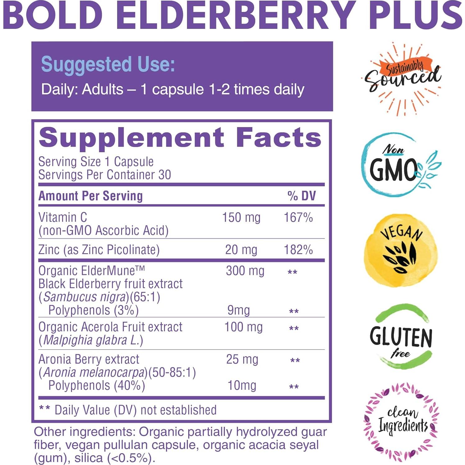 Bold Botanica Elderberry Plus - Extracto de Saúco Negro 30 Cápsulas Veganas con Zinc y Vitamina C