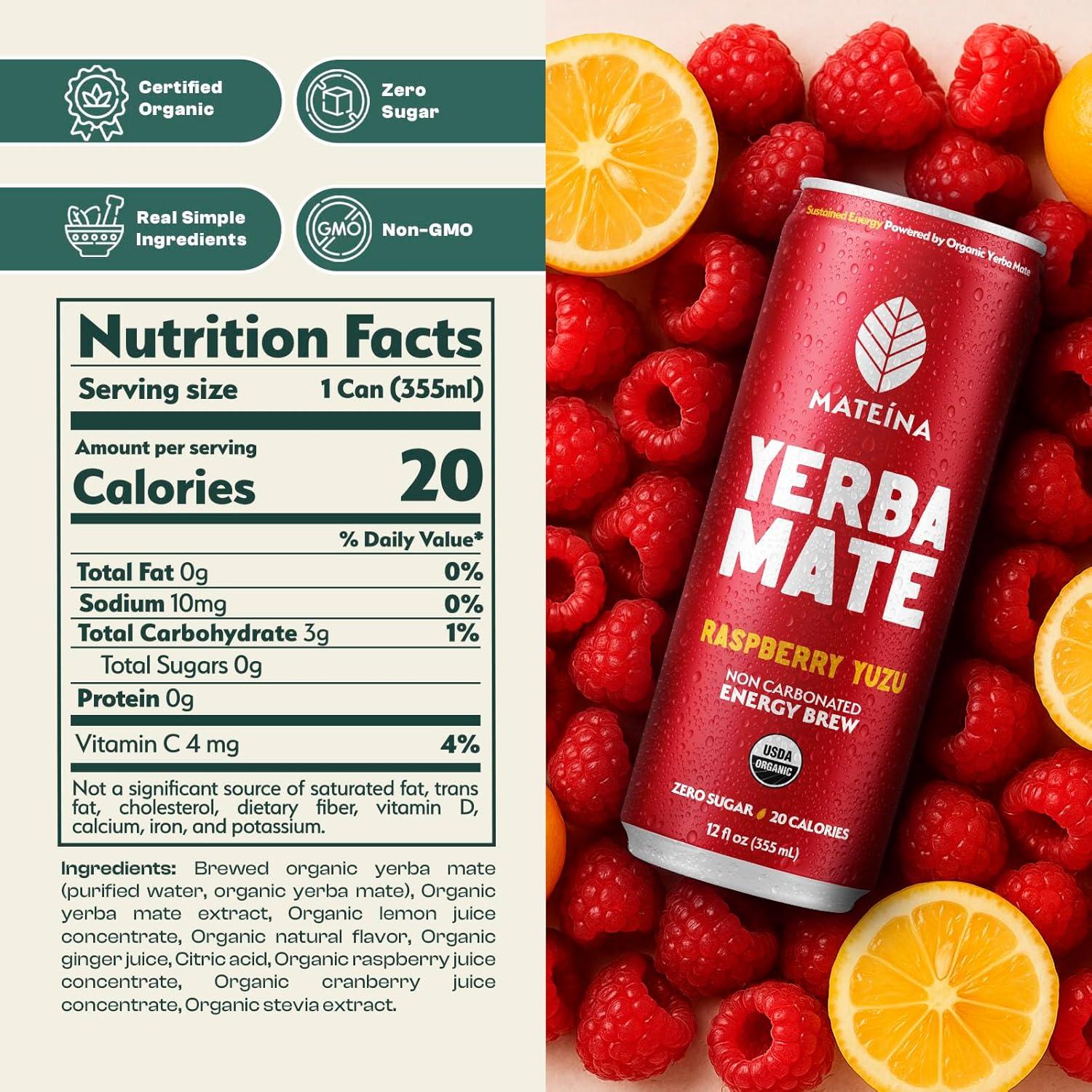 Mateina Yerba Mate Energética Orgánica Sin Azúcar - 12 Latas 355ml