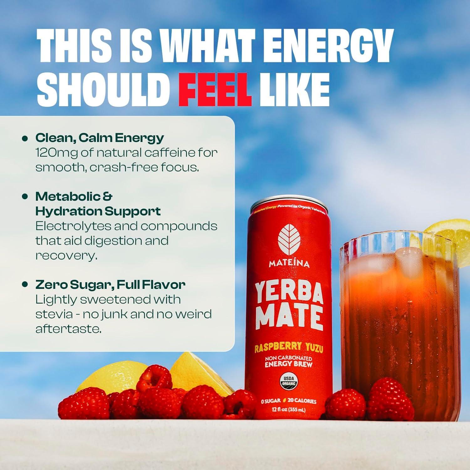 Mateina Yerba Mate Energética Orgánica Sin Azúcar - 12 Latas 355ml