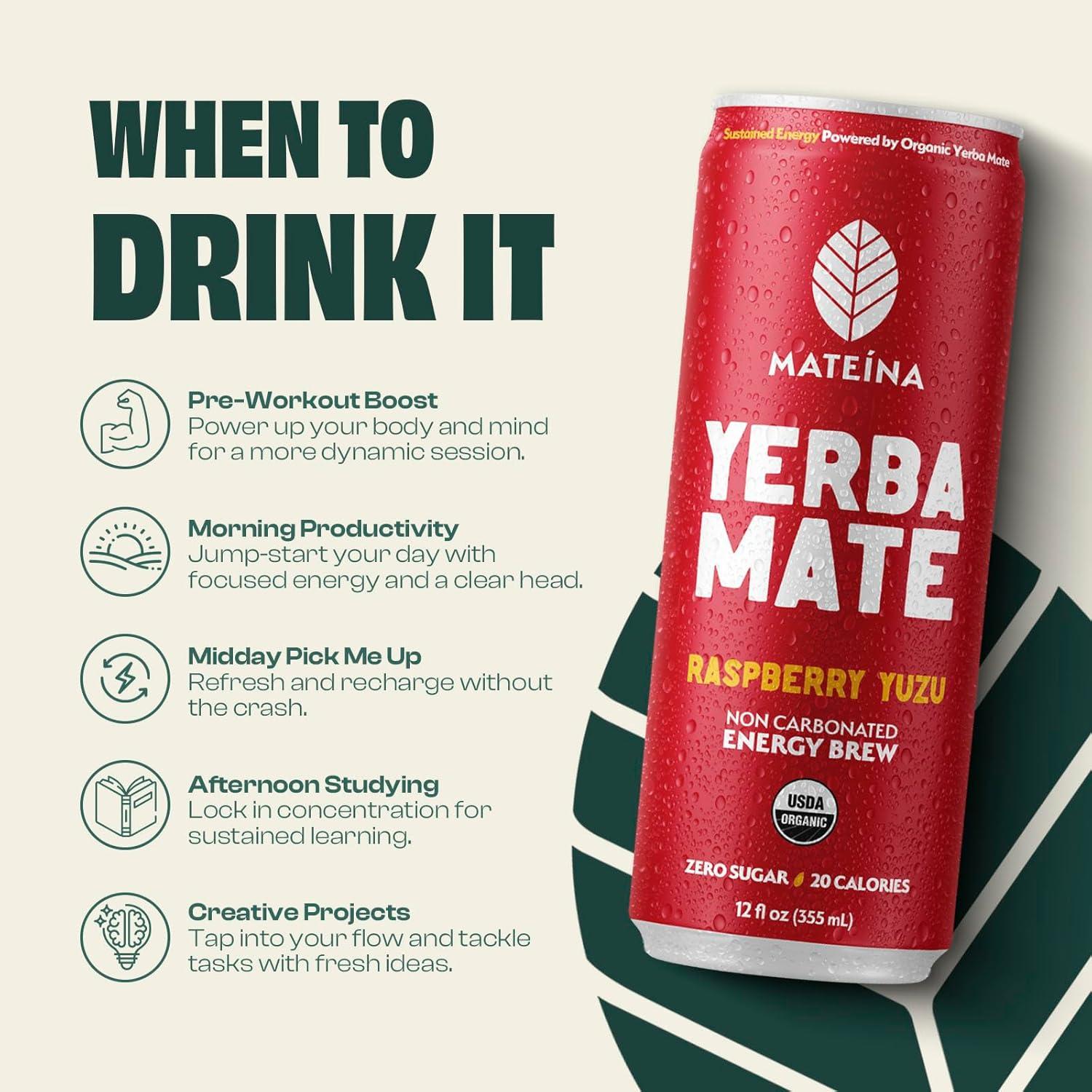 Mateina Yerba Mate Energética Orgánica Sin Azúcar - 12 Latas 355ml