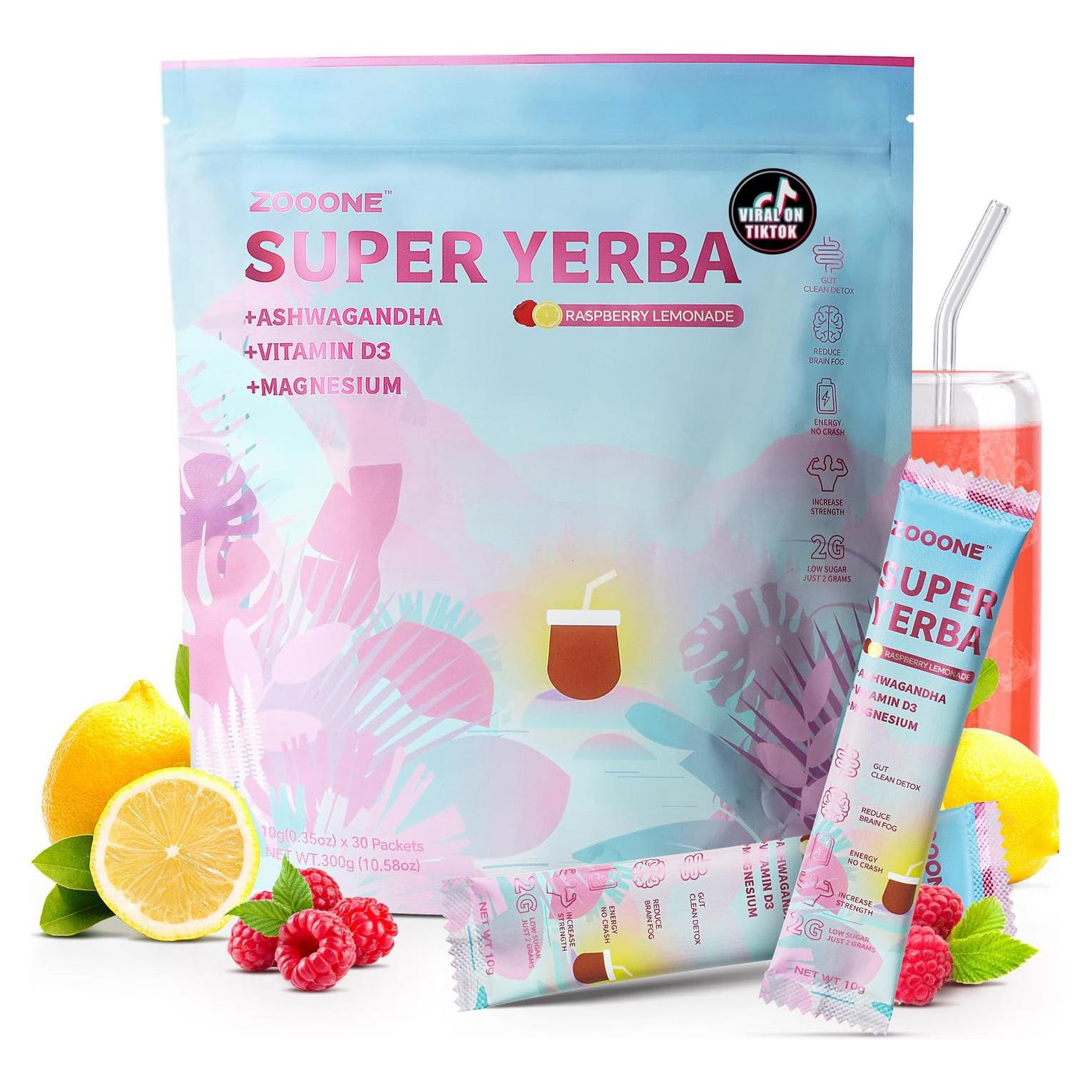 Super Yerba Mate en Polvo Zooone 30 Paquetes Sabor Frambuesa-Limón