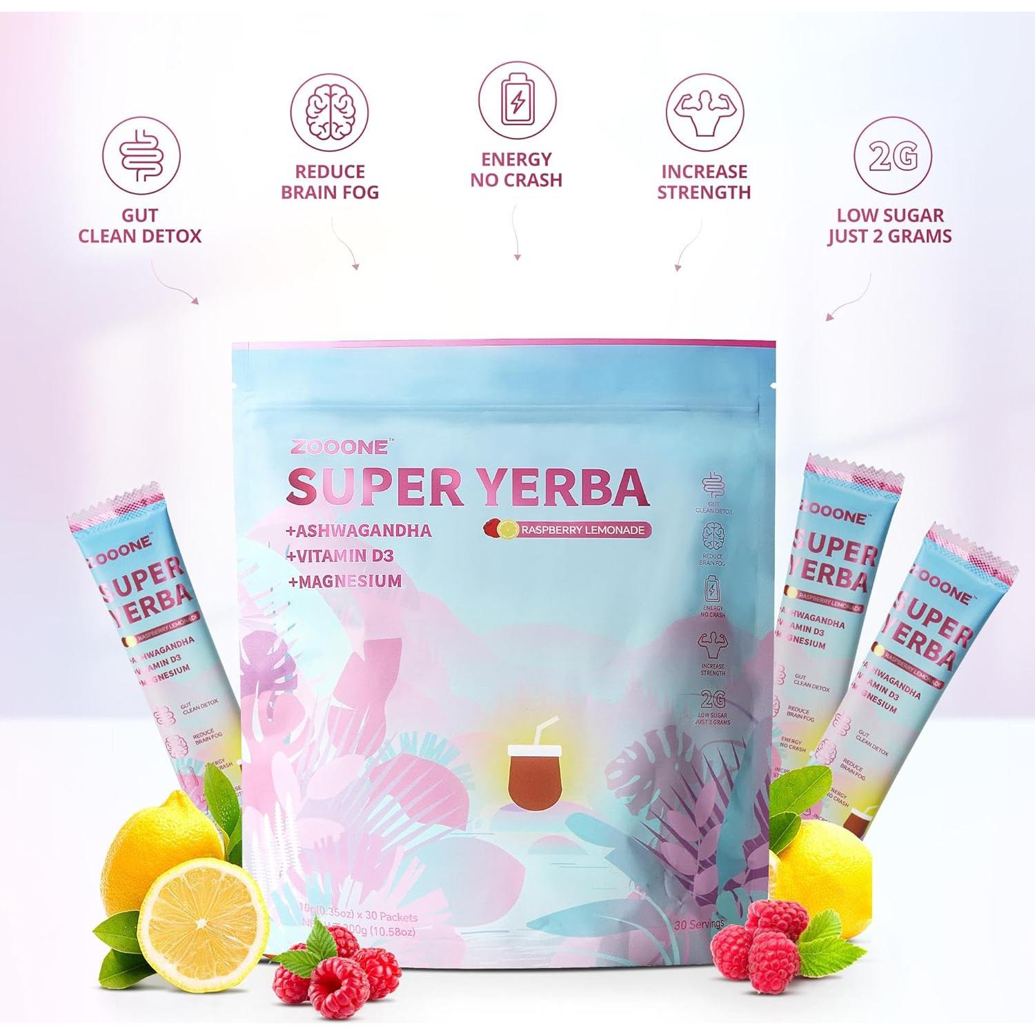 Super Yerba Mate en Polvo Zooone 30 Paquetes Sabor Frambuesa-Limón