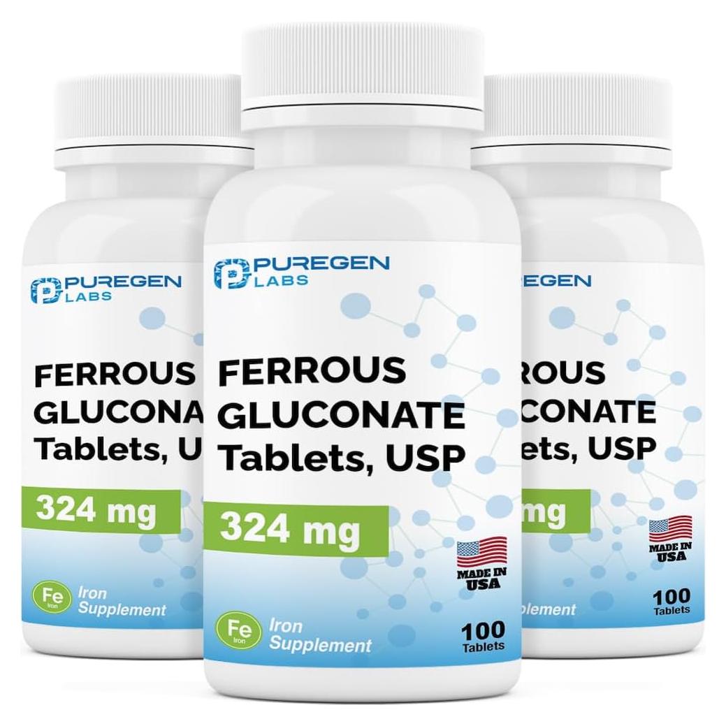 Suplemento de Hierro Gluconato 324 mg Puregen Labs - 300 Tabletas