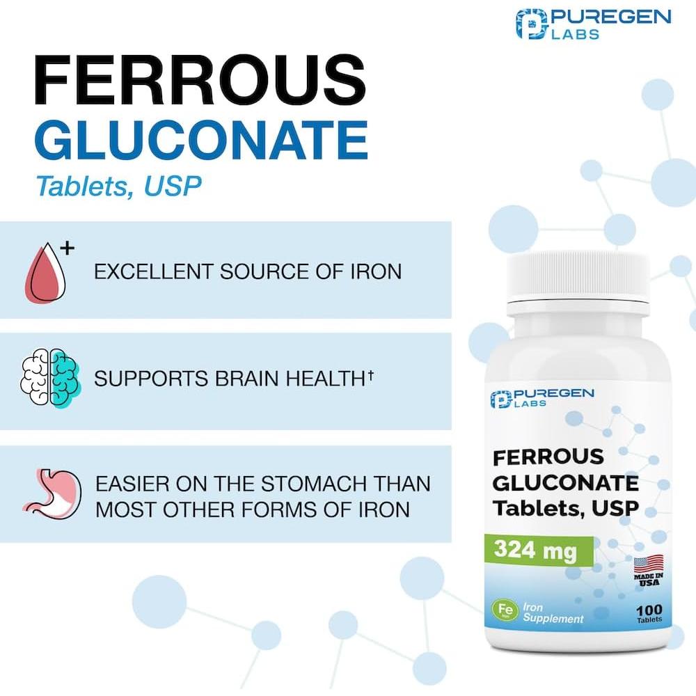 Suplemento de Hierro Gluconato 324 mg Puregen Labs - 300 Tabletas