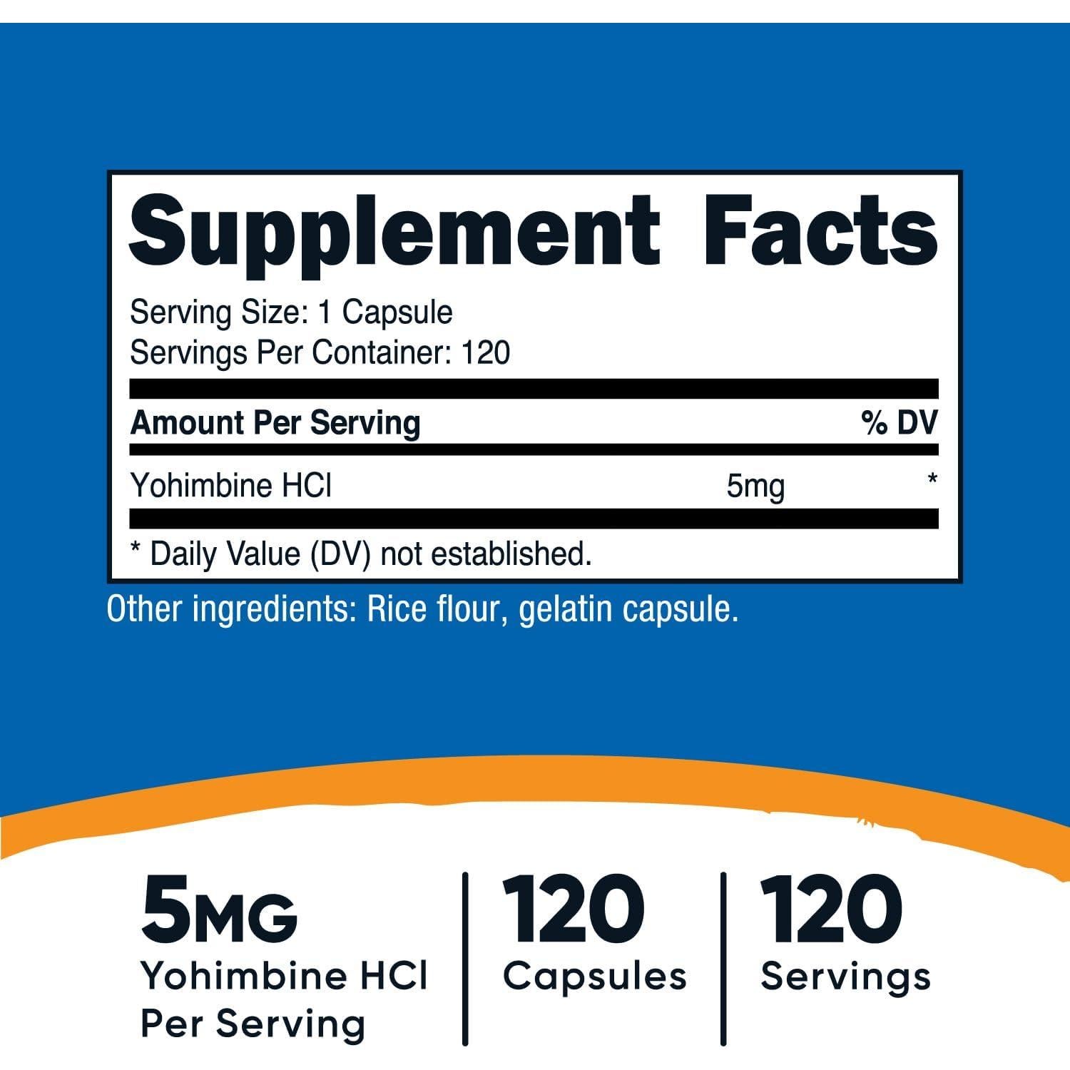 Yohimbina HCl 5mg Nutricost 120 Cápsulas Sin Gluten