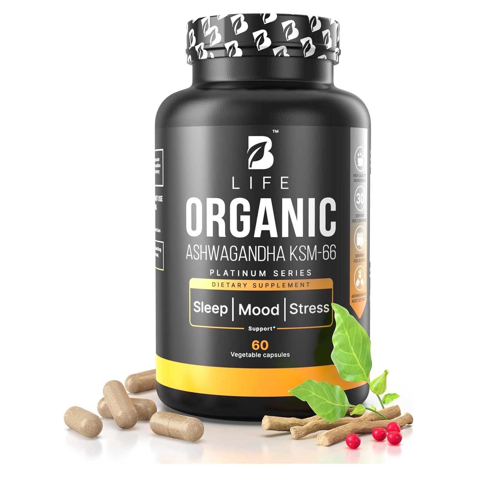 Suplemento de Ashwagandha Orgánica KSM-66 1000 mg - 60 Cápsulas Veganas