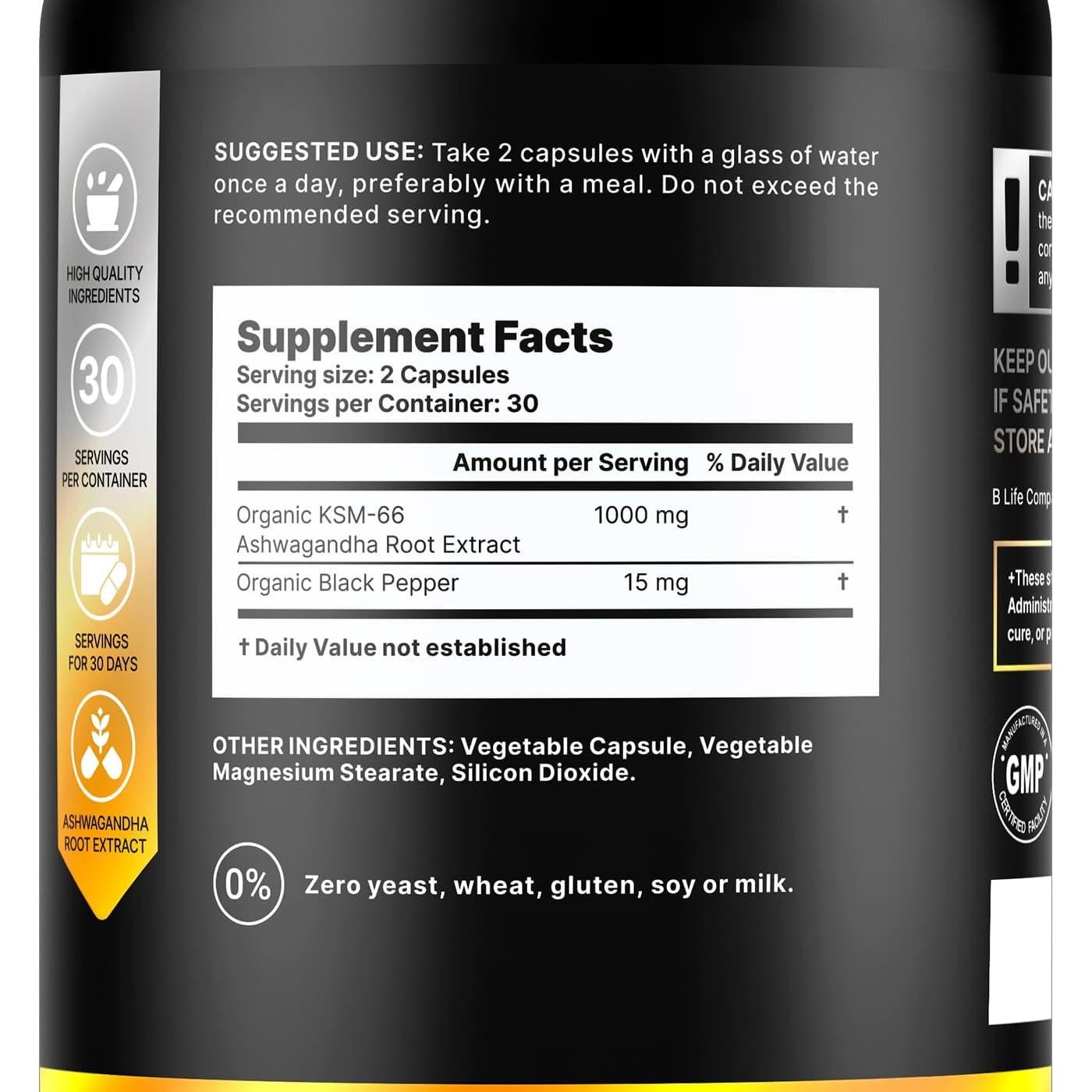 Suplemento de Ashwagandha Orgánica KSM-66 1000 mg - 60 Cápsulas Veganas