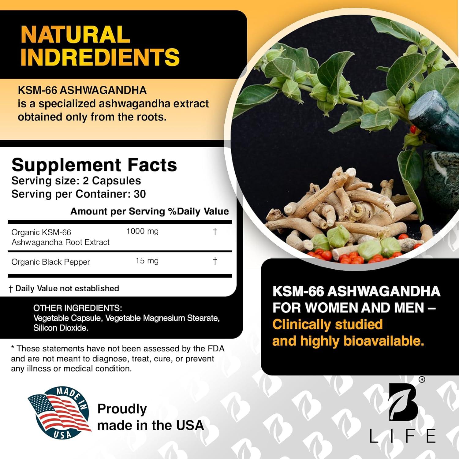 Suplemento de Ashwagandha Orgánica KSM-66 1000 mg - 60 Cápsulas Veganas