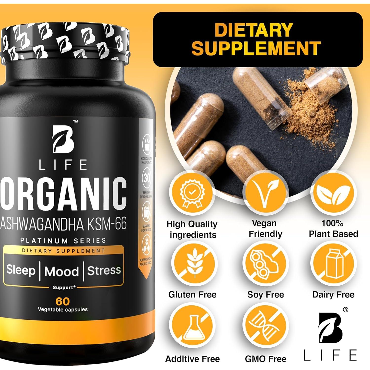 Suplemento de Ashwagandha Orgánica KSM-66 1000 mg - 60 Cápsulas Veganas