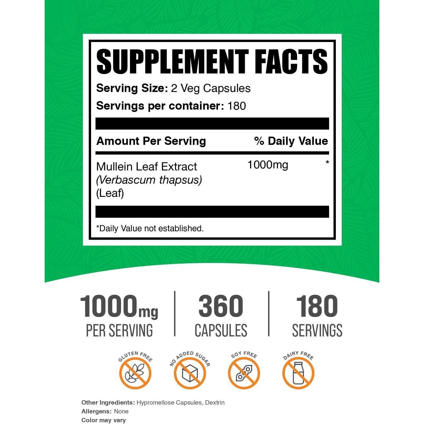 Cápsulas de Hoja de Mullein BulkSupplements 1000mg 360 Unidades