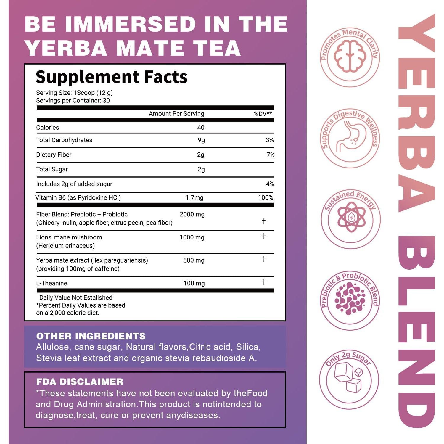 Yerba Mate Instantáneo en Polvo Yerba Blend 360g - Prebióticos y Probióticos, Bajo en Azúcar