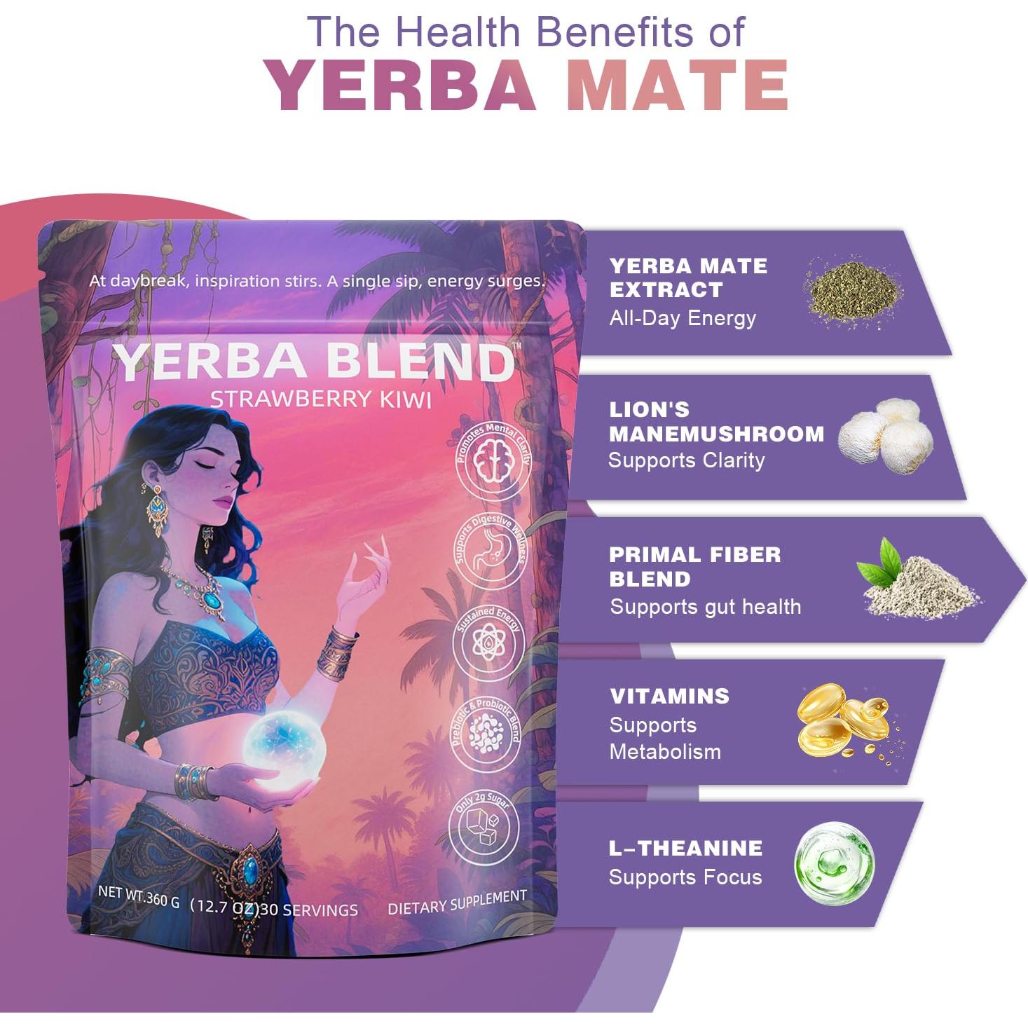 Yerba Mate Instantáneo en Polvo Yerba Blend 360g - Prebióticos y Probióticos, Bajo en Azúcar