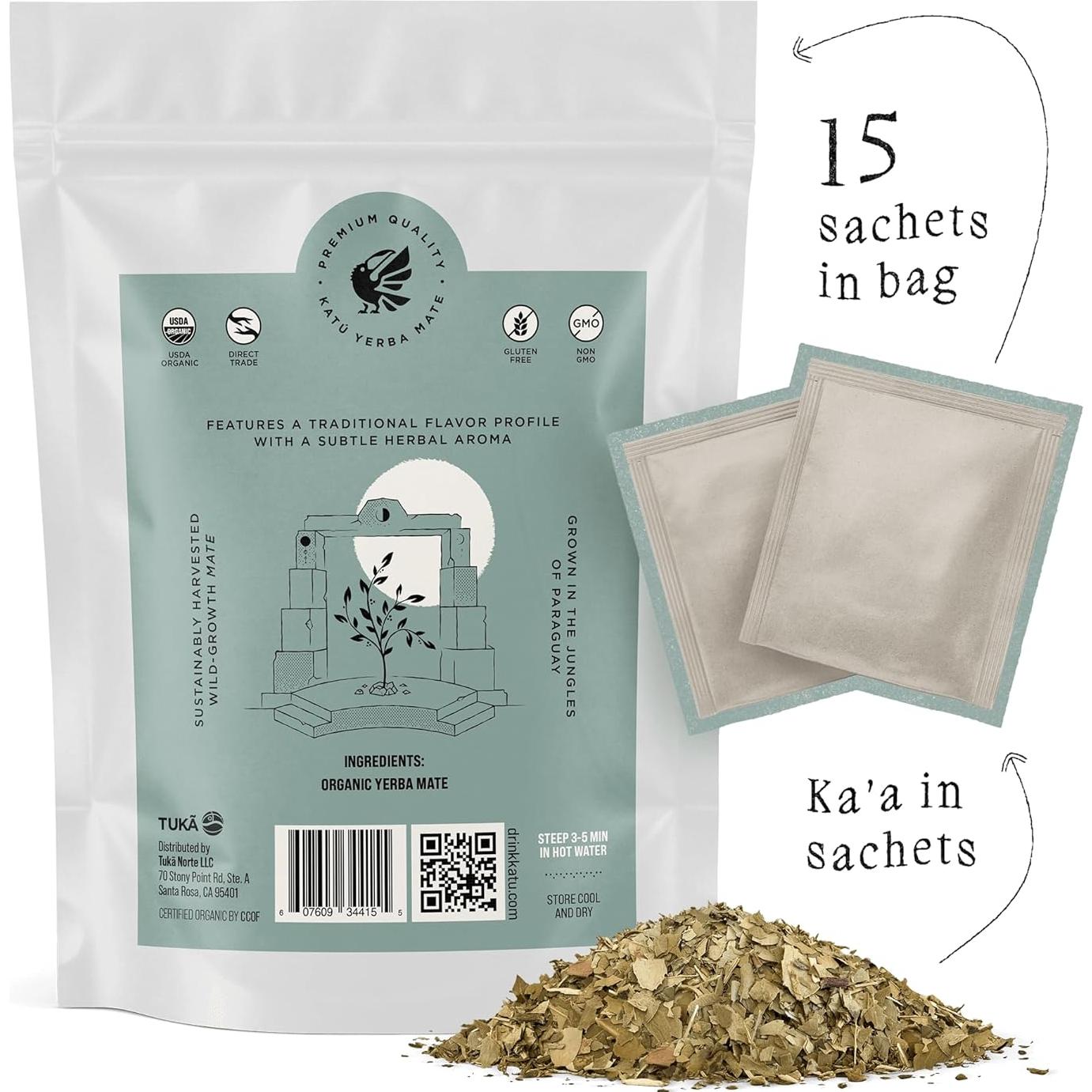 Té de Yerba Mate Crudo Orgánico Premium Katú Ka'a - 15 Bolsitas